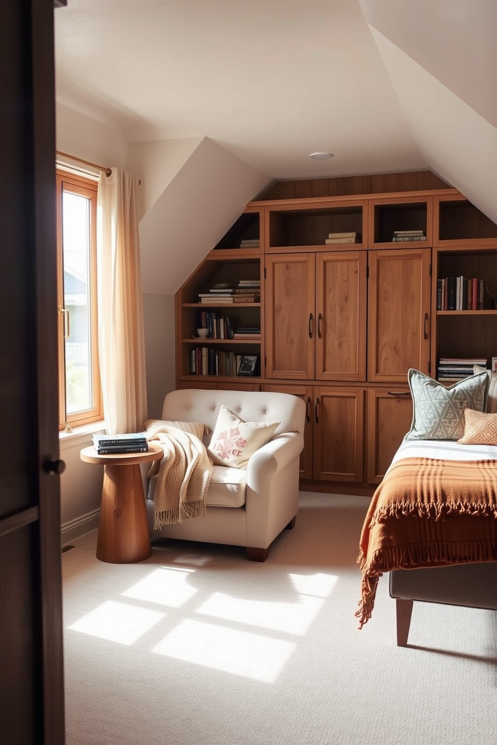 Cozy reading nook with built-in shelves. A plush armchair is nestled in the corner, surrounded by floor-to-ceiling bookshelves filled with an array of books. Soft lighting from a nearby lamp casts a warm glow, creating an inviting atmosphere. A small side table holds a steaming cup of tea and a cozy blanket draped over the armrest. Attic Room Design Ideas. The space features sloped ceilings with exposed wooden beams, giving it a charming rustic feel. A comfortable bed is positioned against one wall, adorned with soft linens and colorful throw pillows for added comfort. A reading corner with a small desk and chair takes advantage of the natural light from a skylight above.