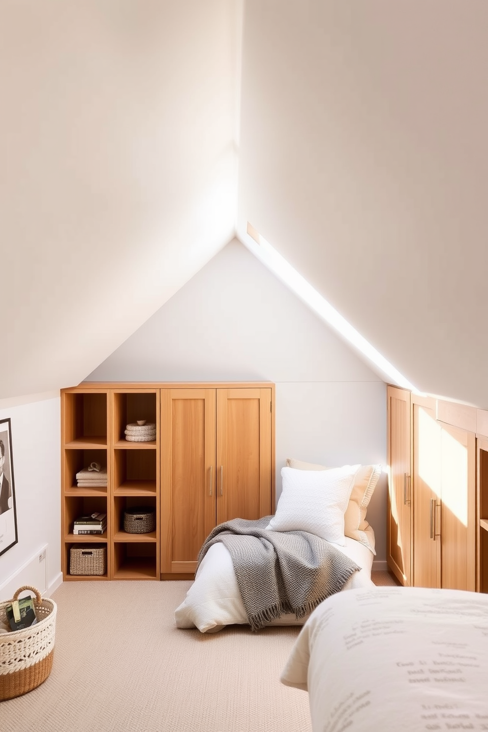 A cozy attic room designed for optimal functionality. Under the eaves, custom-built storage solutions blend seamlessly with the sloped ceiling, featuring open shelving and closed cabinetry in a warm wood finish. The space is illuminated by natural light streaming through a skylight, enhancing the airy feel. Soft textiles and a neutral color palette create a welcoming atmosphere, making it an ideal retreat.