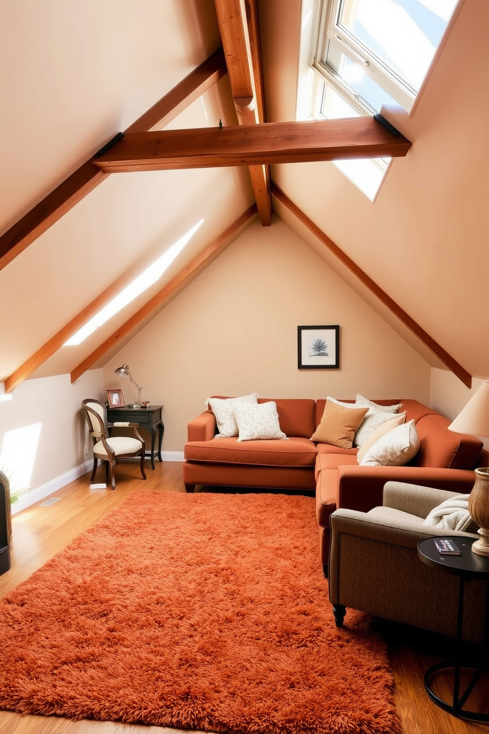 A cozy attic room designed with warm tones creates an inviting atmosphere. The sloped ceilings are painted in soft beige, complemented by wooden beams that add character to the space. A plush area rug in deep terracotta anchors the seating area, which features a comfortable sectional sofa adorned with an assortment of textured throw pillows. Natural light pours in through a large skylight, illuminating a small reading nook with a vintage armchair and a side table.