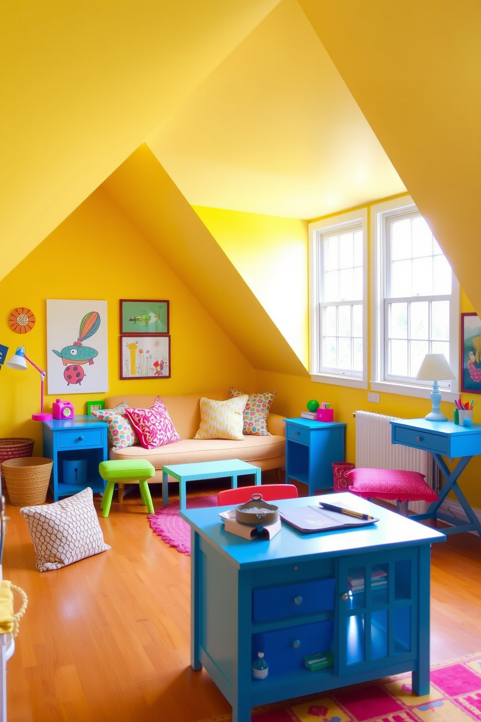 A bright attic room filled with cheerful energy. The walls are painted in a vibrant yellow, complemented by colorful throw pillows on a cozy seating area. Large windows allow natural light to flood the space, showcasing a playful mix of furniture in bold hues. A small desk in a bright blue adds a functional touch, while whimsical artwork adorns the walls.