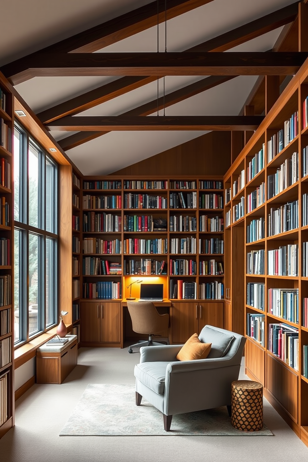 A cozy attic room filled with warm tones and layered textures creates an inviting atmosphere. The walls are adorned with soft beige paneling, and a plush area rug in deep terracotta anchors the space. A vintage wooden bed with an intricate headboard is dressed in rich, textured bedding featuring various shades of rust and cream. Natural light pours in through a large skylight, illuminating a collection of woven baskets and decorative pillows scattered around the room.