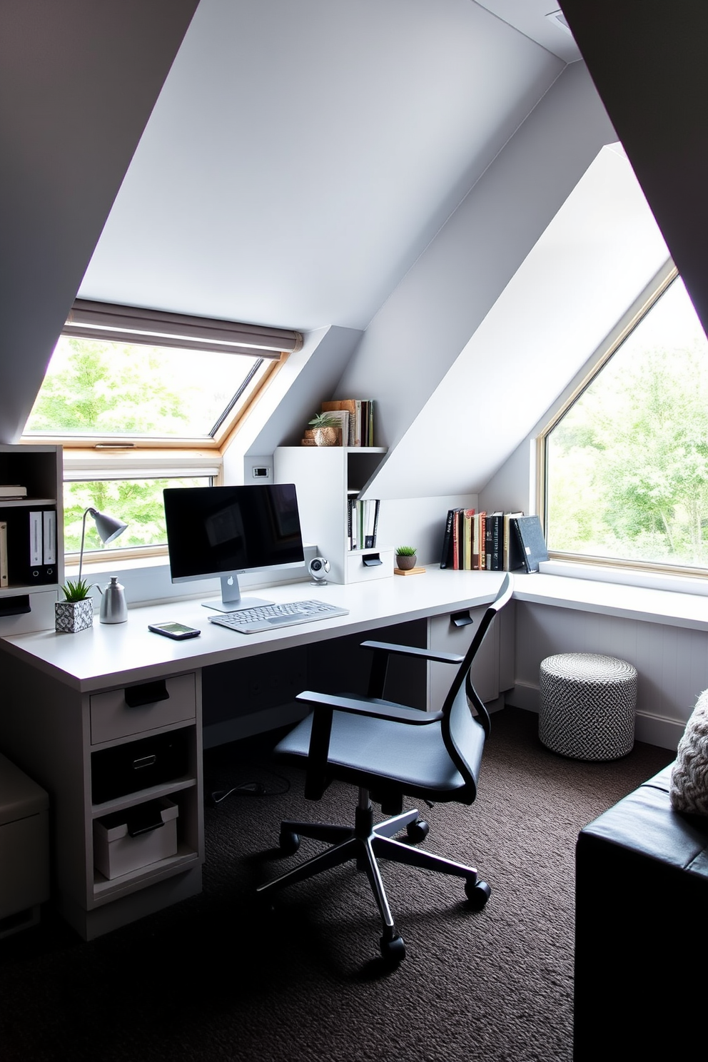 Sleek workspace with clever organization. The room features a modern desk with built-in storage solutions and a comfortable ergonomic chair. Attic room design ideas. The space is transformed with sloped ceilings, cozy nooks, and large windows that allow natural light to flood in.