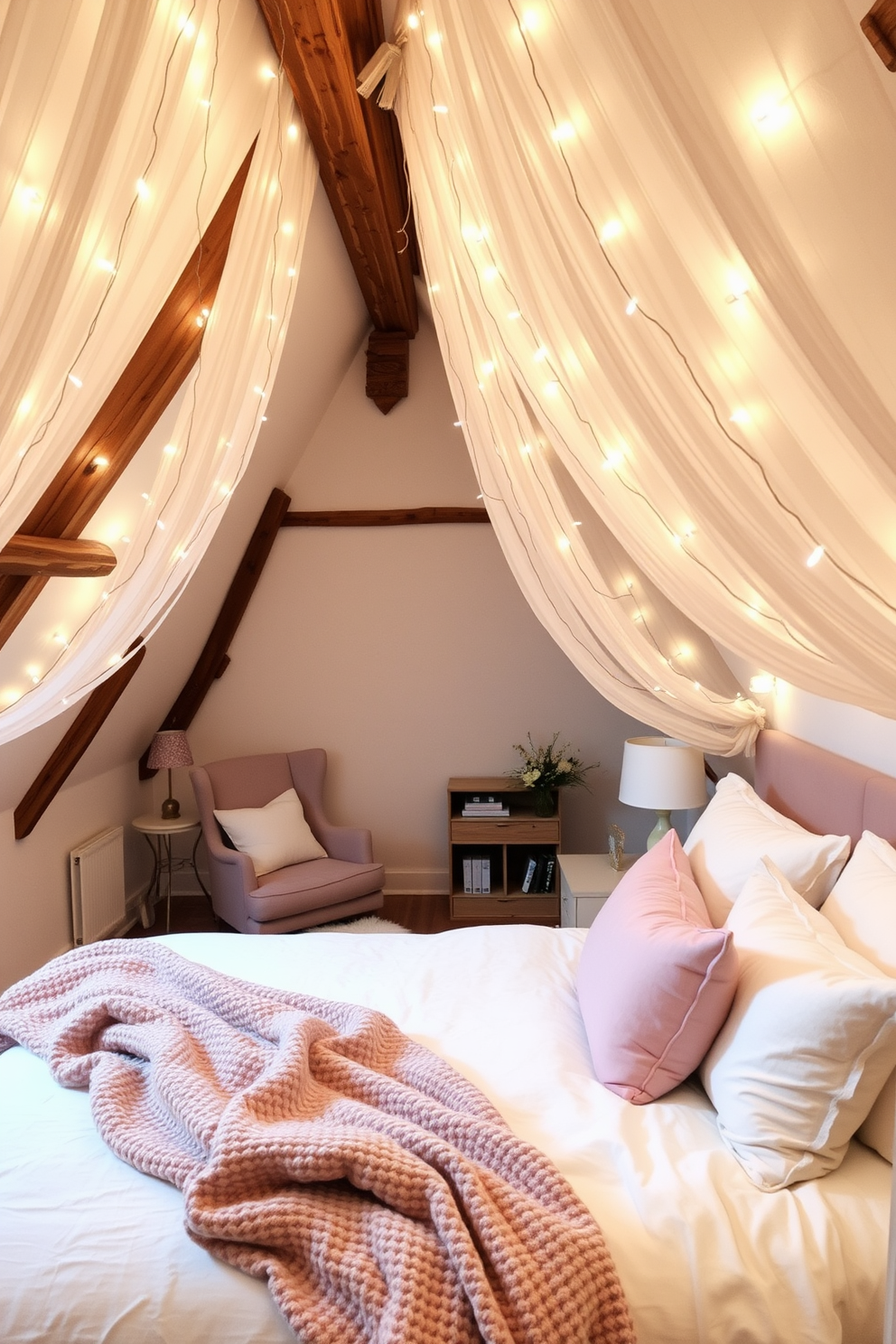 A romantic bedroom setting with soft fairy lights draped across the ceiling creating a warm glow. The bed is adorned with plush pillows and a cozy, textured throw blanket in soft pastel colors. An attic room designed with a blend of rustic charm and modern elegance. Exposed wooden beams highlight the sloped ceiling while a comfortable reading nook with a plush chair and a small bookshelf invites relaxation.