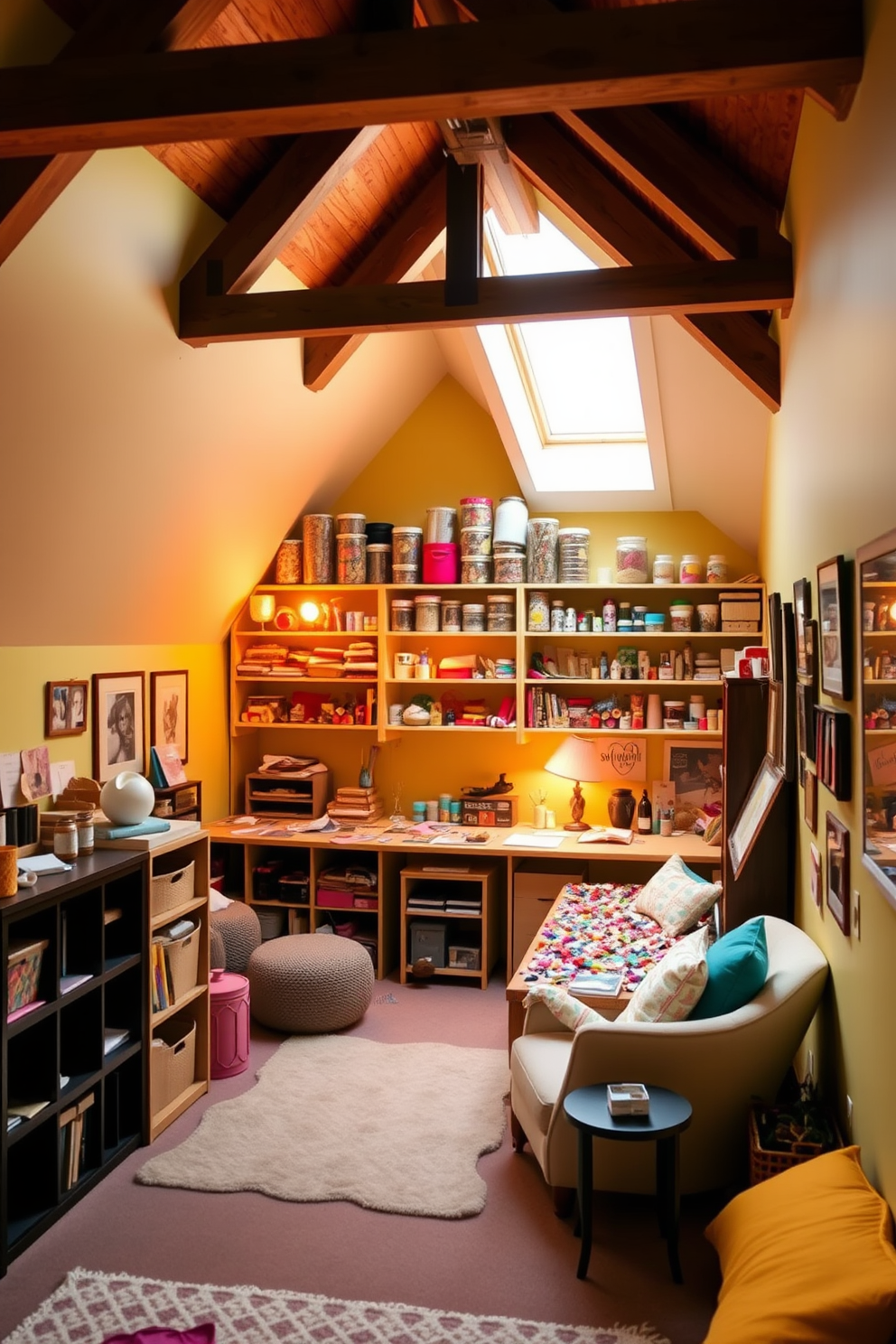 A creative craft room with organized supplies. The walls are painted in a bright, cheerful color, and shelves are filled with neatly arranged jars of buttons, ribbons, and paints. Soft natural light floods the space through a skylight, illuminating a large worktable covered in craft materials. A cozy reading nook with a plush chair and a small bookshelf adds a touch of comfort to the vibrant room. Attic room design ideas for a cozy retreat. Exposed wooden beams create a rustic charm, while soft, warm lighting enhances the inviting atmosphere. A comfortable seating area with plush cushions and a small coffee table is perfect for relaxation. The walls are adorned with personal artwork and photographs, adding character to the unique space.