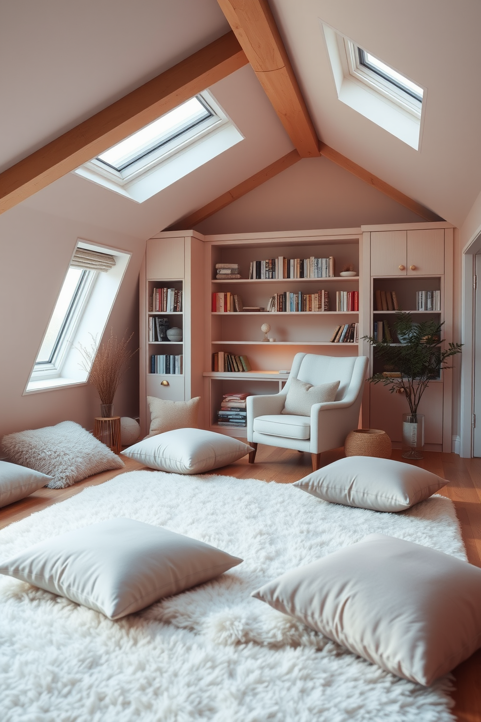 Inviting meditation space with soft textures. The room features a plush area rug, oversized cushions, and floor pillows in calming pastel colors, creating a serene atmosphere. Attic room design ideas. The space is filled with natural light from skylights, showcasing a cozy reading nook with a built-in bookshelf and a comfortable armchair in a warm, inviting color palette.