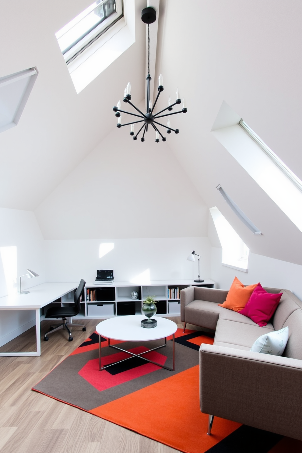 A contemporary attic room featuring geometric patterns on the walls and ceiling. The space is filled with natural light from large skylights, and a cozy seating area with angular furniture is positioned near a sleek bookshelf. Bold geometric rugs define the seating area, while a modern chandelier adds an artistic touch above. A minimalist desk with clean lines is placed against one wall, complemented by vibrant accent pillows on a plush sofa.