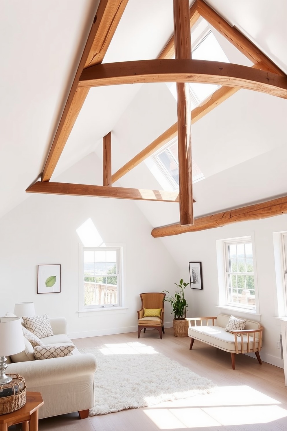 A cozy attic room with bright white walls that create an airy and open atmosphere. Exposed wooden beams add warmth and character to the space while enhancing its architectural charm. A comfortable seating area features a plush sofa adorned with soft cushions, inviting relaxation. A large window allows natural light to flood the room, showcasing the beautiful wooden flooring.