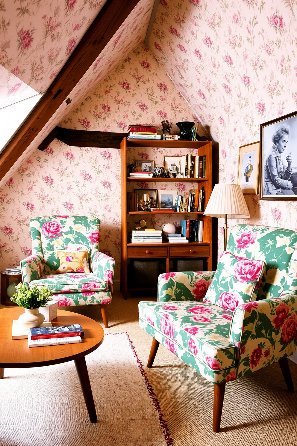 A vintage chic attic room featuring retro furniture pieces. The space is filled with a cozy armchair upholstered in a bold floral fabric, complemented by a mid-century modern coffee table. The walls are adorned with vintage wallpaper in soft pastel tones, creating a warm and inviting atmosphere. A rustic wooden bookshelf displays an eclectic collection of books and decorative items, enhancing the charm of the room.