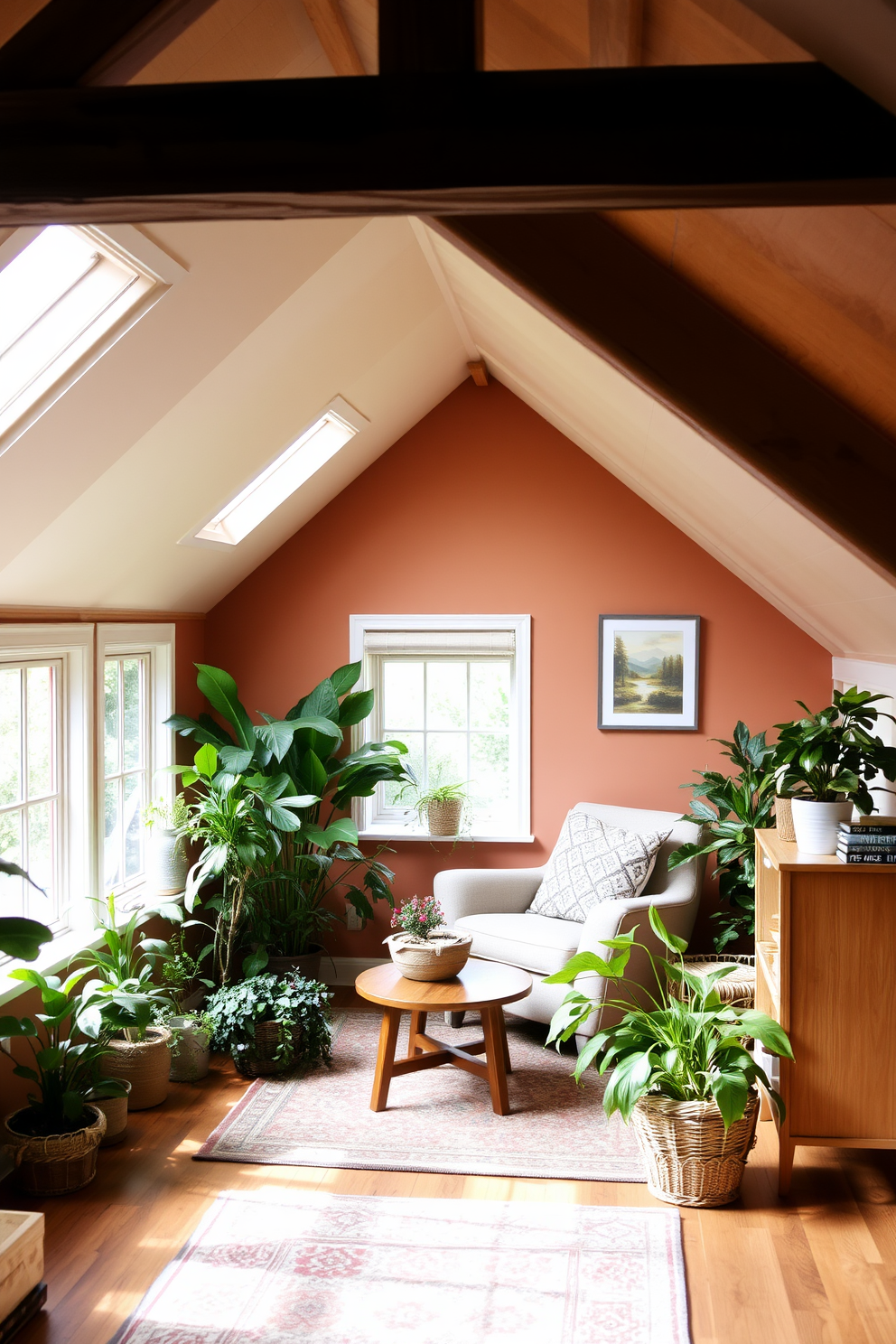 A serene attic room filled with natural light. The space features a cozy seating area with a soft, oversized armchair and a small wooden coffee table surrounded by lush potted plants. The walls are painted in a warm, earthy tone, complemented by exposed wooden beams overhead. A patterned area rug adds texture to the floor, while a small bookshelf showcases nature-themed decor and books.