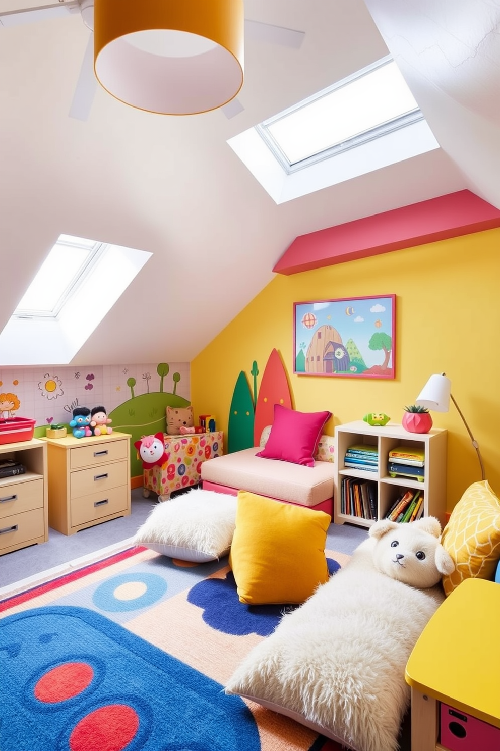 A whimsical playroom filled with vibrant colors and playful decor. The walls are adorned with fun wall art featuring cartoon characters and imaginative landscapes. Cozy attic room design with sloped ceilings and natural light. A comfortable reading nook is created with plush cushions and a small bookshelf nestled under the eaves.