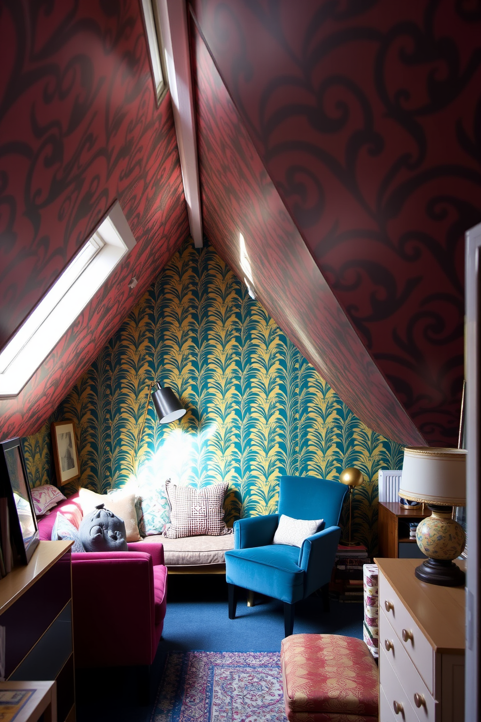 A striking attic room featuring bold wallpaper that creates a vibrant focal point. The space is adorned with a cozy reading nook complete with plush cushions and a stylish floor lamp. Natural light floods the room through a skylight, highlighting the unique architectural angles of the ceiling. A mix of modern furniture and vintage accessories adds character and charm to the design.