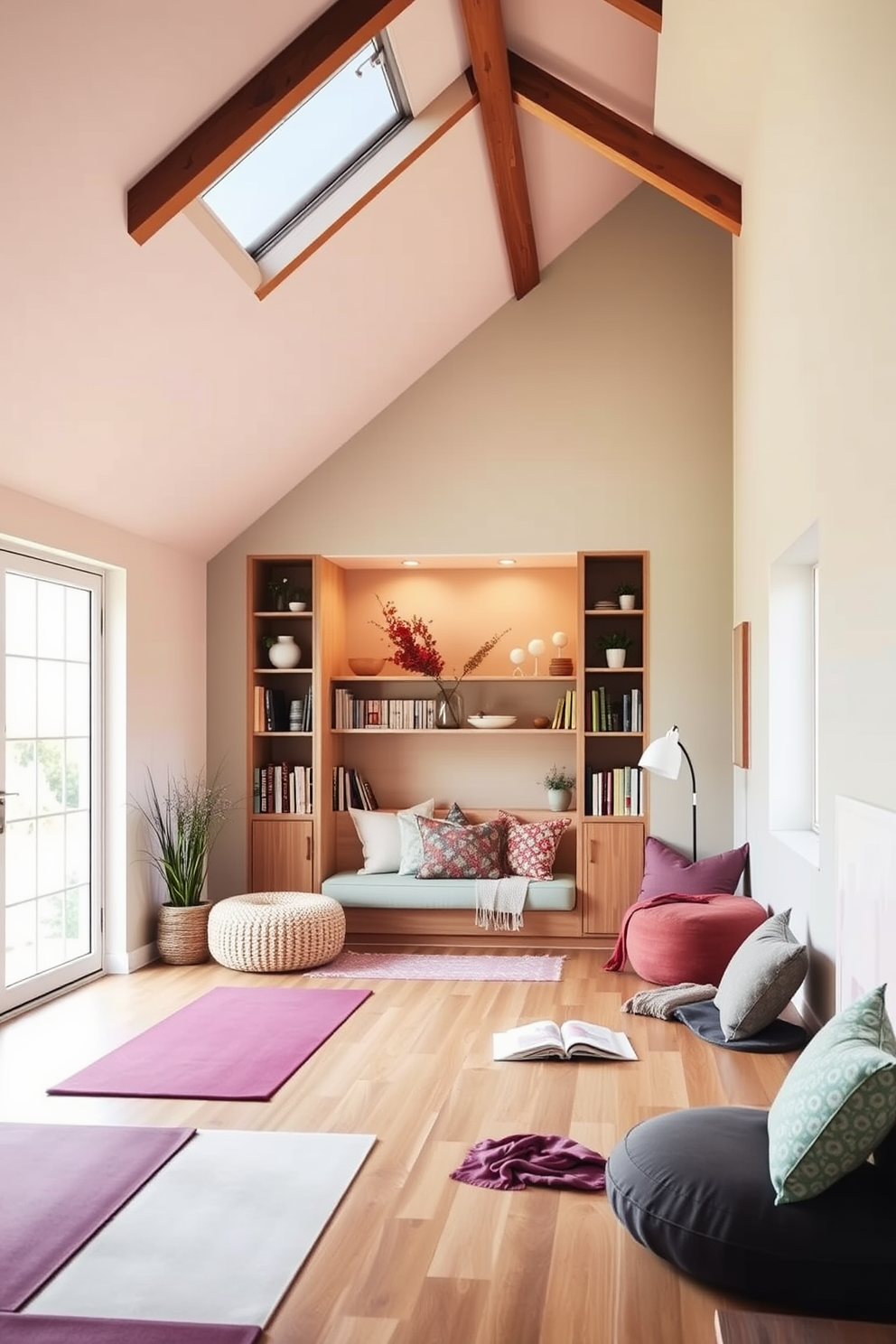 Cozy breakfast nook by the window. A round wooden table with soft upholstered chairs surrounds it, and large windows let in natural light, adorned with sheer white curtains. Attic room design ideas. The space features sloped ceilings with exposed beams, a comfortable seating area with a plush sofa, and a small bookshelf filled with colorful novels.