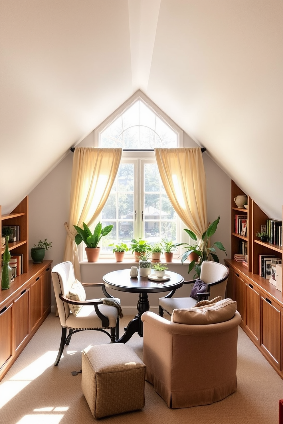 Charming breakfast nook with a small round table surrounded by upholstered chairs. Sunlight streams in through a large window adorned with sheer curtains, illuminating the space filled with potted plants and cozy decor. Attic room design ideas featuring a cozy reading nook with a plush armchair and built-in bookshelves. The sloped ceiling is painted in a soft white, while warm wood accents create an inviting atmosphere.