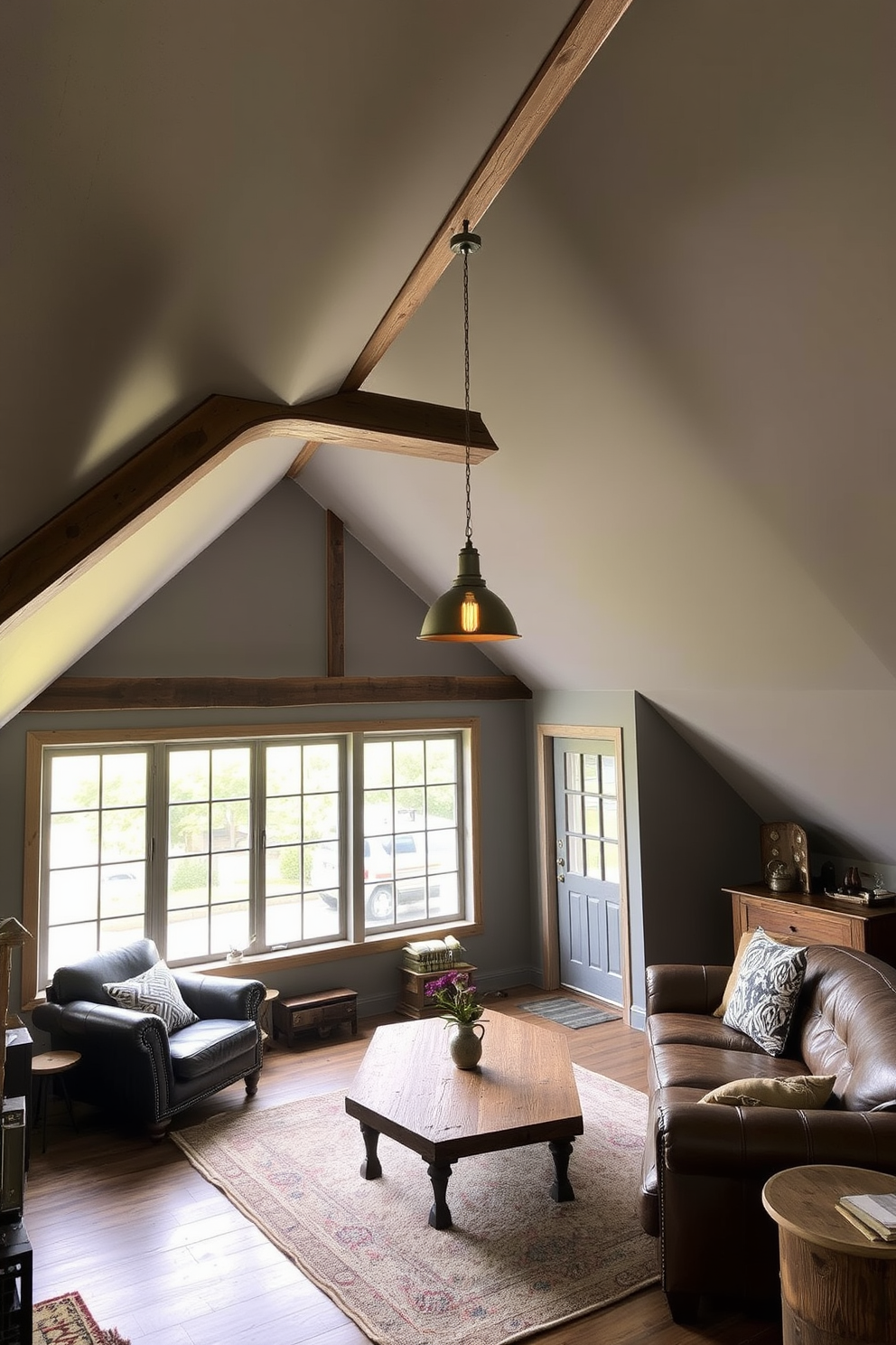 A cozy attic room with industrial style featuring exposed wooden beams and metal accents. The walls are painted in a soft gray, and large windows allow natural light to flood the space. A comfortable seating area includes a vintage leather sofa and a reclaimed wood coffee table. Industrial-style pendant lights hang from the ceiling, adding warmth to the overall aesthetic.