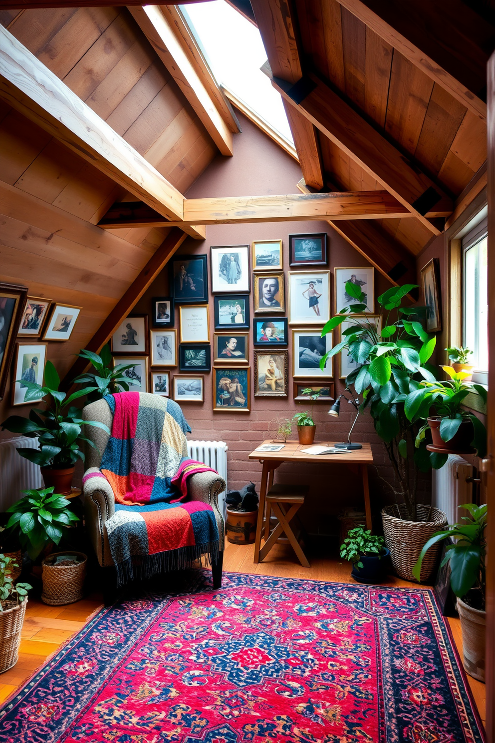 An attic room designed with an eclectic mix of styles features a cozy reading nook with a vintage armchair and a colorful patchwork throw. Exposed wooden beams add warmth, while a gallery wall of framed artwork showcases various artistic styles and personal memories. A small writing desk made of reclaimed wood sits beneath a window, surrounded by lush indoor plants that bring life to the space. The floor is adorned with a vibrant area rug that ties together the diverse color palette, creating a unique charm.