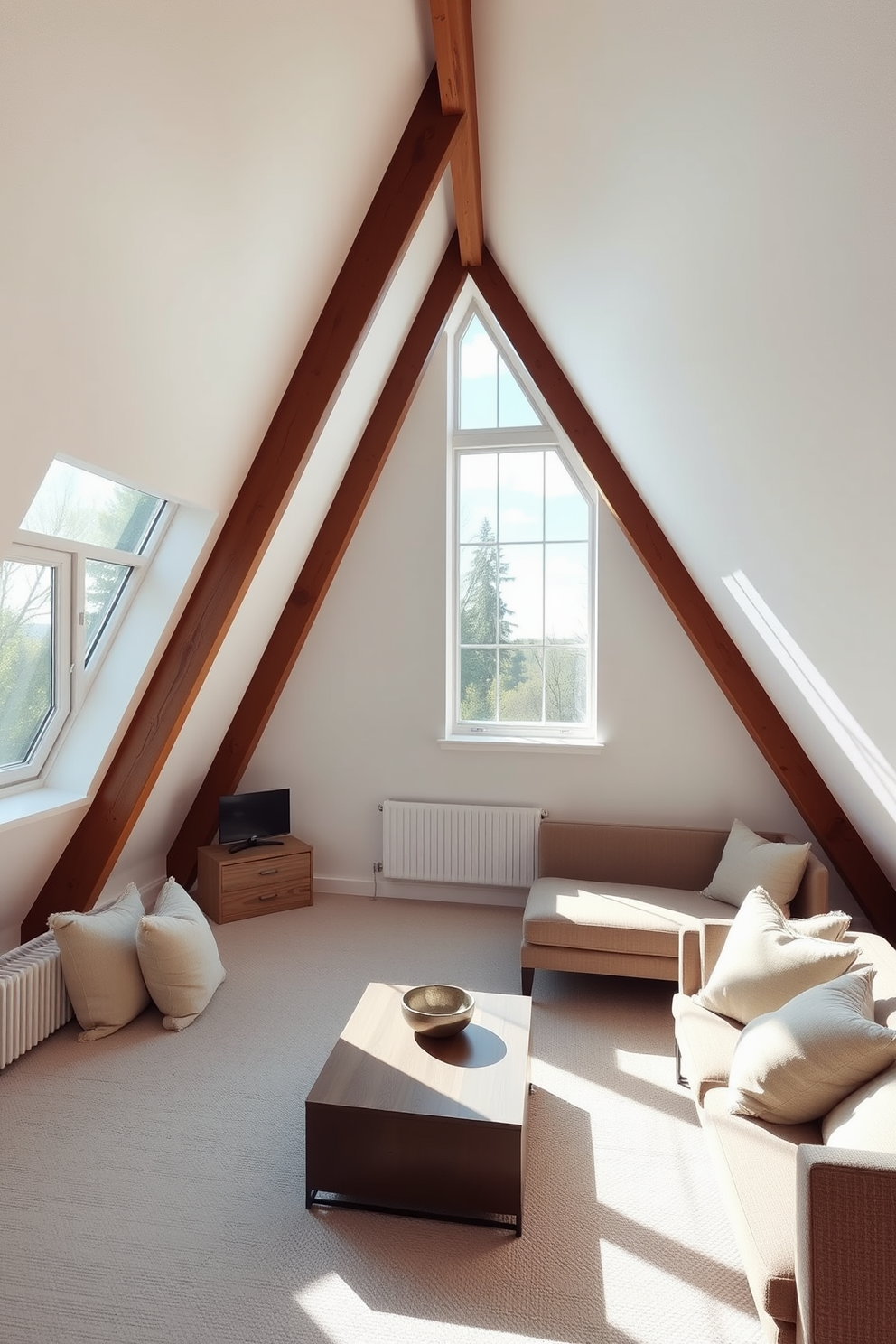 A bright and airy attic room features large windows that allow natural light to flood the space. The walls are painted in a soft white color, creating a fresh and open atmosphere. Stylish wooden beams run across the ceiling, adding character and warmth to the design. Cozy seating areas with plush cushions and a small coffee table invite relaxation and comfort.