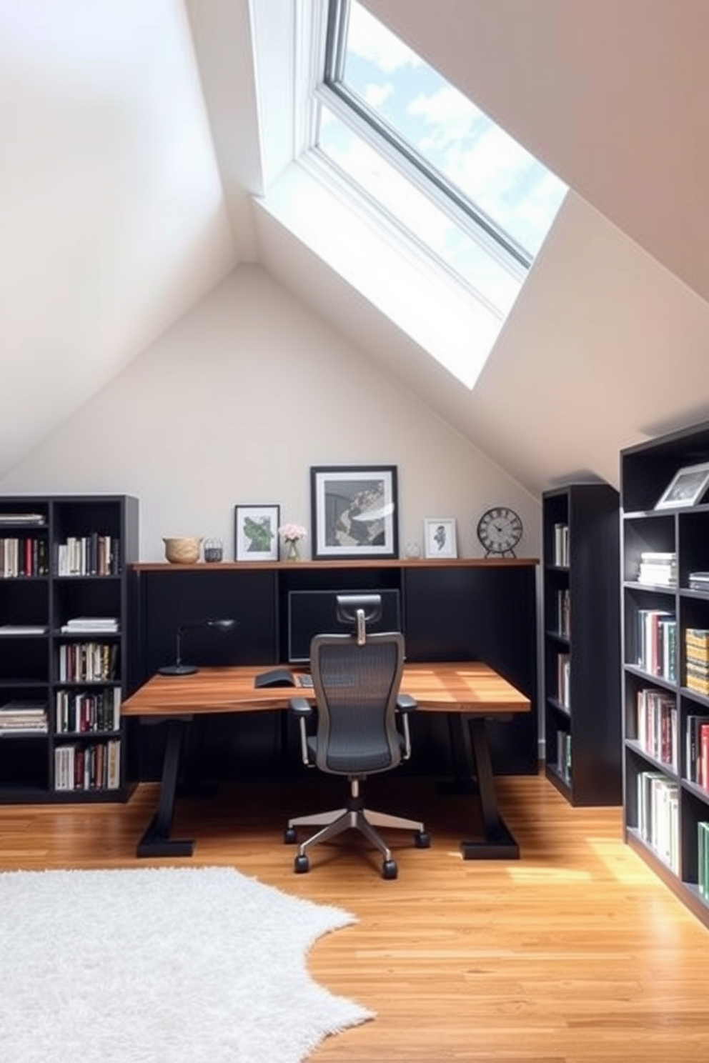 Chic home office with sloped ceiling. The room features a sleek wooden desk positioned under the eaves, accompanied by a comfortable ergonomic chair. Natural light floods the space through a large skylight, illuminating the warm wood tones and soft neutral color palette. A stylish bookshelf filled with books and decorative items lines one wall, adding both functionality and elegance.