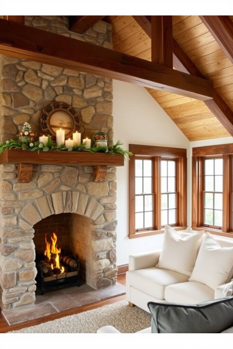 Cozy fireplace for a warm retreat. The fireplace is made of rustic stone with a wooden mantel adorned with candles and seasonal decorations. Attic room design ideas. The space features sloped ceilings with exposed beams, a plush seating area with oversized cushions, and large windows that let in natural light.