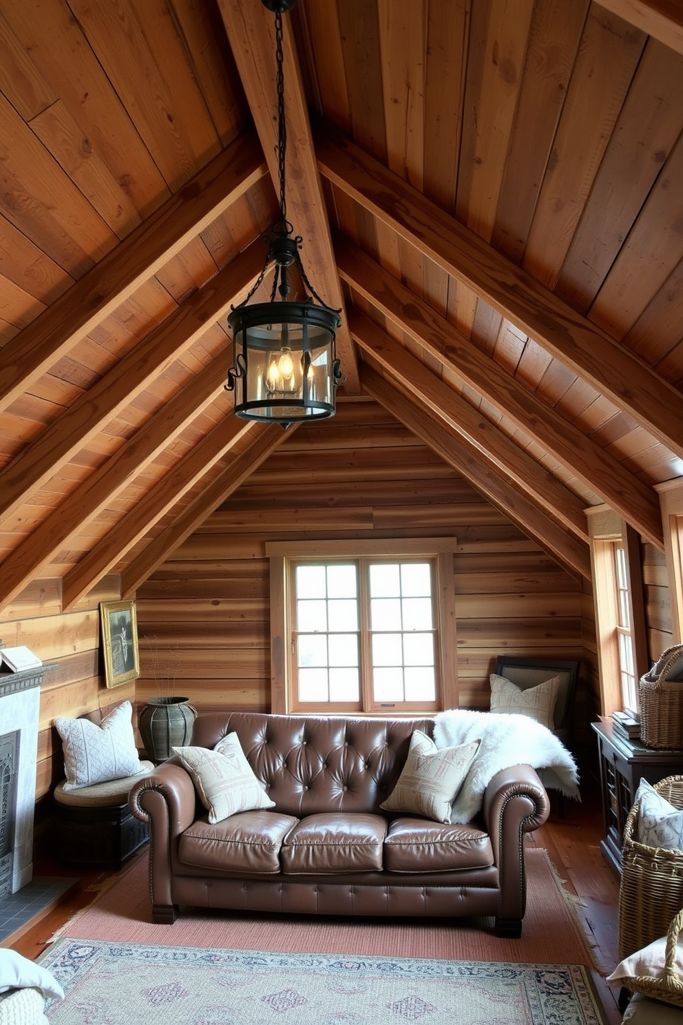 A cozy attic room filled with rustic farmhouse charm. Exposed wooden beams line the ceiling while a vintage chandelier hangs above a comfortable seating area with a distressed leather sofa. The walls are adorned with reclaimed wood paneling, creating a warm and inviting atmosphere. A large window offers natural light, complemented by soft, layered textiles in earthy tones throughout the space.