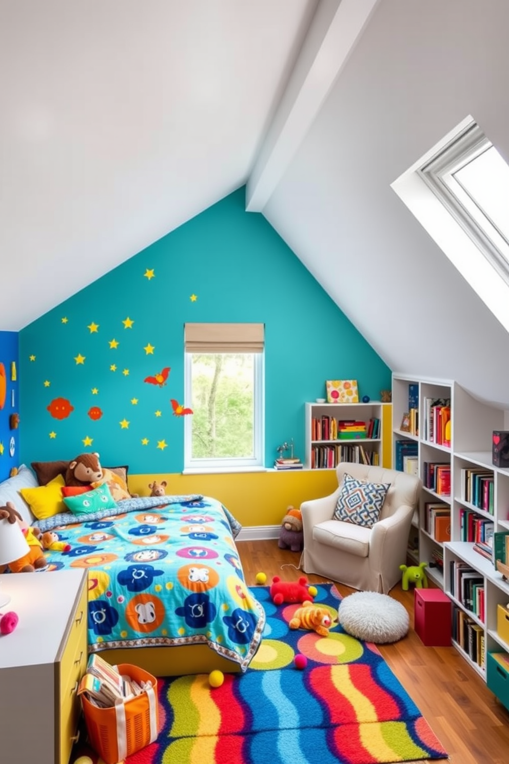 A playful kids' room filled with colorful accents. The walls are painted in bright shades of blue and yellow, featuring fun wall decals of animals and stars. The room includes a cozy bed with a vibrant quilt and a large stuffed animal collection. A small play area with a colorful rug and an assortment of toys encourages creativity and fun. Attic room design ideas that maximize space and light. The sloped ceilings are painted white to enhance the brightness, with large windows allowing natural light to flood the room. A comfortable reading nook is created with a plush chair and built-in shelves filled with books. The decor features soft textiles and warm lighting to create a cozy atmosphere.