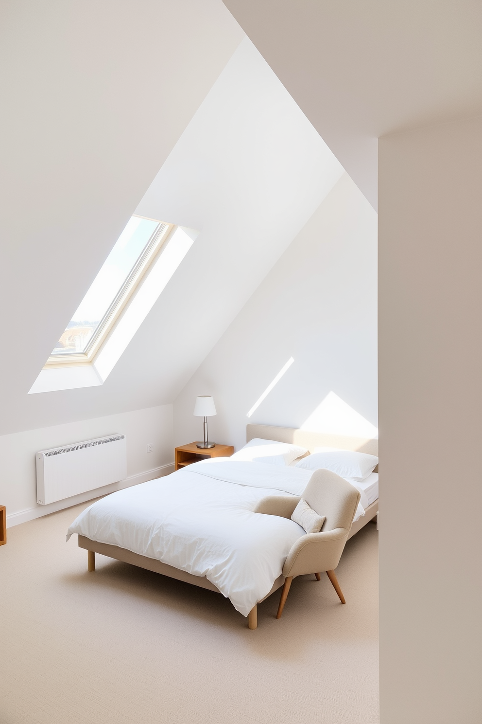 A serene attic room featuring minimalist design with clean lines. The space is adorned with a low-profile bed against a sloped ceiling, complemented by a simple wooden nightstand and a sleek lamp. Natural light floods the room through a large skylight, highlighting the soft, neutral color palette. A cozy reading nook is created with a plush armchair and a small bookshelf tucked into the corner.