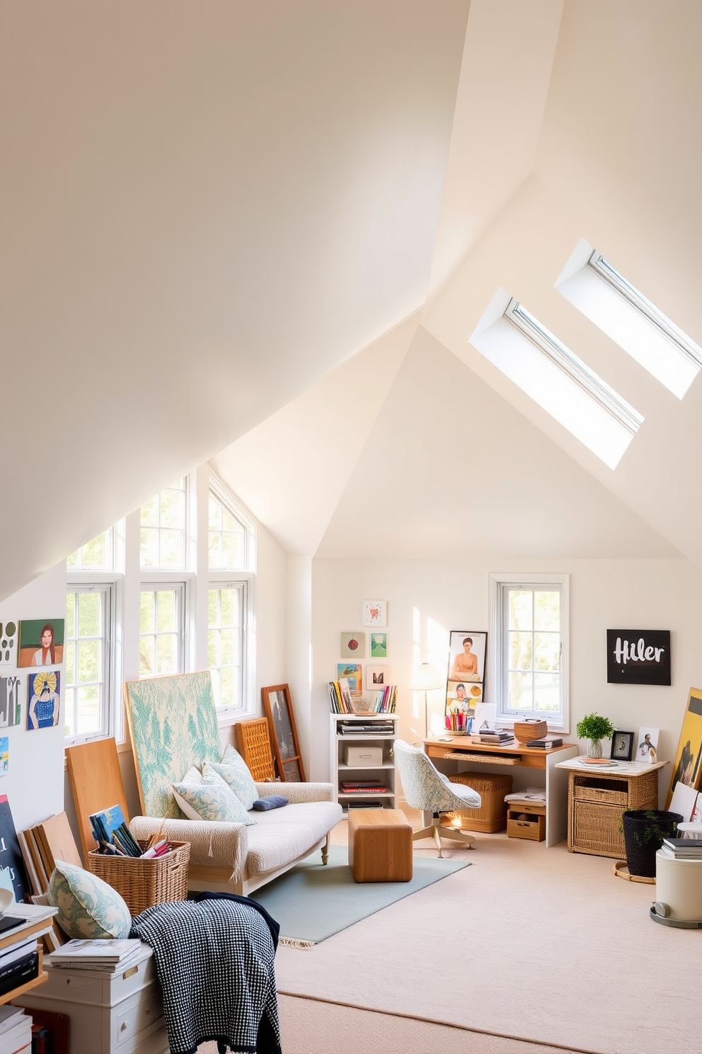 An art studio filled with ample natural light features large windows that allow sunlight to flood the space. The walls are painted in a soft white, creating a bright backdrop for colorful artwork and creative supplies. An attic room designed for comfort and style includes sloped ceilings that add character to the space. Cozy furnishings, like a plush sofa and a small reading nook, are complemented by warm lighting and decorative accents.