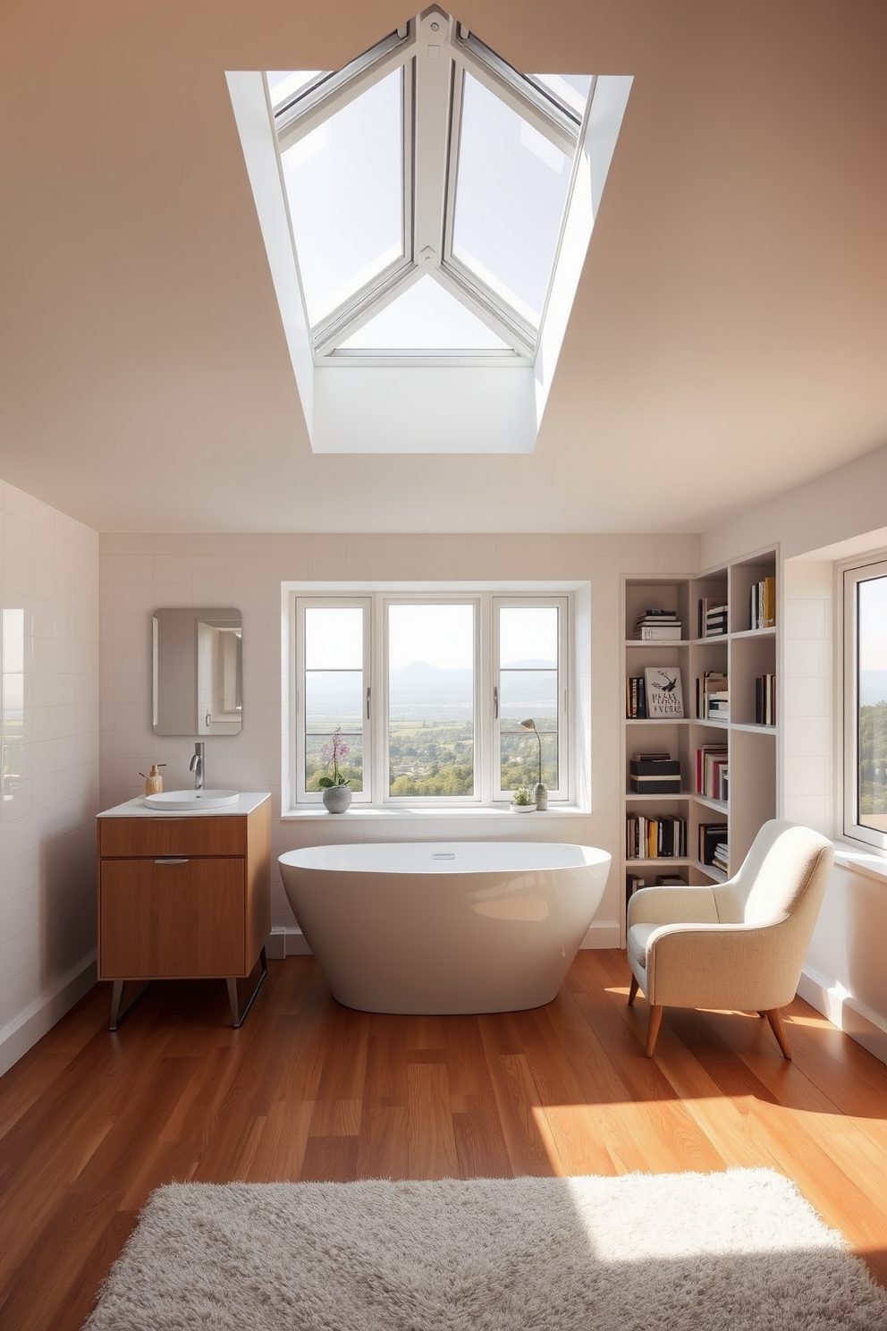 A modern bathroom with a skylight feature that allows natural light to flood the space. The walls are adorned with sleek white tiles, and the floor is covered in warm wooden planks. In the center, a freestanding bathtub sits beneath the skylight, creating a serene focal point. A minimalist vanity with a vessel sink and brushed nickel fixtures complements the overall clean aesthetic. Attic room design ideas that maximize space and light while maintaining a cozy atmosphere. The walls are painted in soft pastels, and large windows provide stunning views of the surroundings. A stylish reading nook is created with a plush armchair and built-in shelves filled with books. The flooring features a soft area rug that adds warmth and texture to the room.