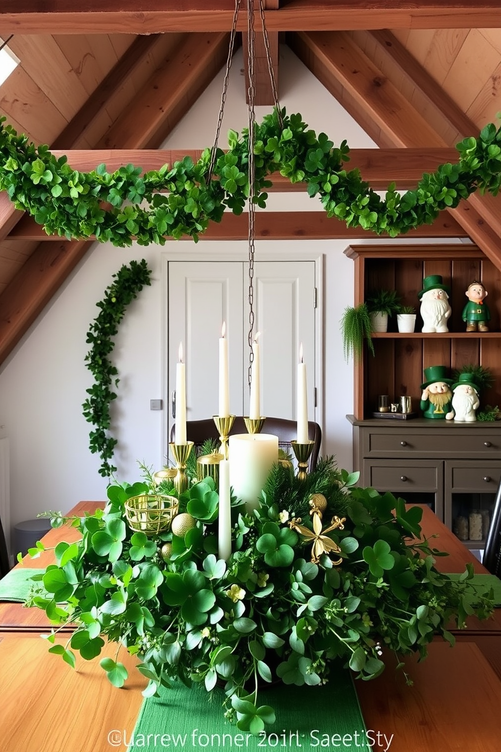 A stunning table centerpiece inspired by green and gold themes. The arrangement features lush green foliage intertwined with shimmering gold accents, including candles and decorative elements. For an attic decorated for St. Patrick's Day, envision a cozy space filled with vibrant green decorations. Hang shamrock garlands from the beams and place whimsical leprechaun figurines on rustic shelves.