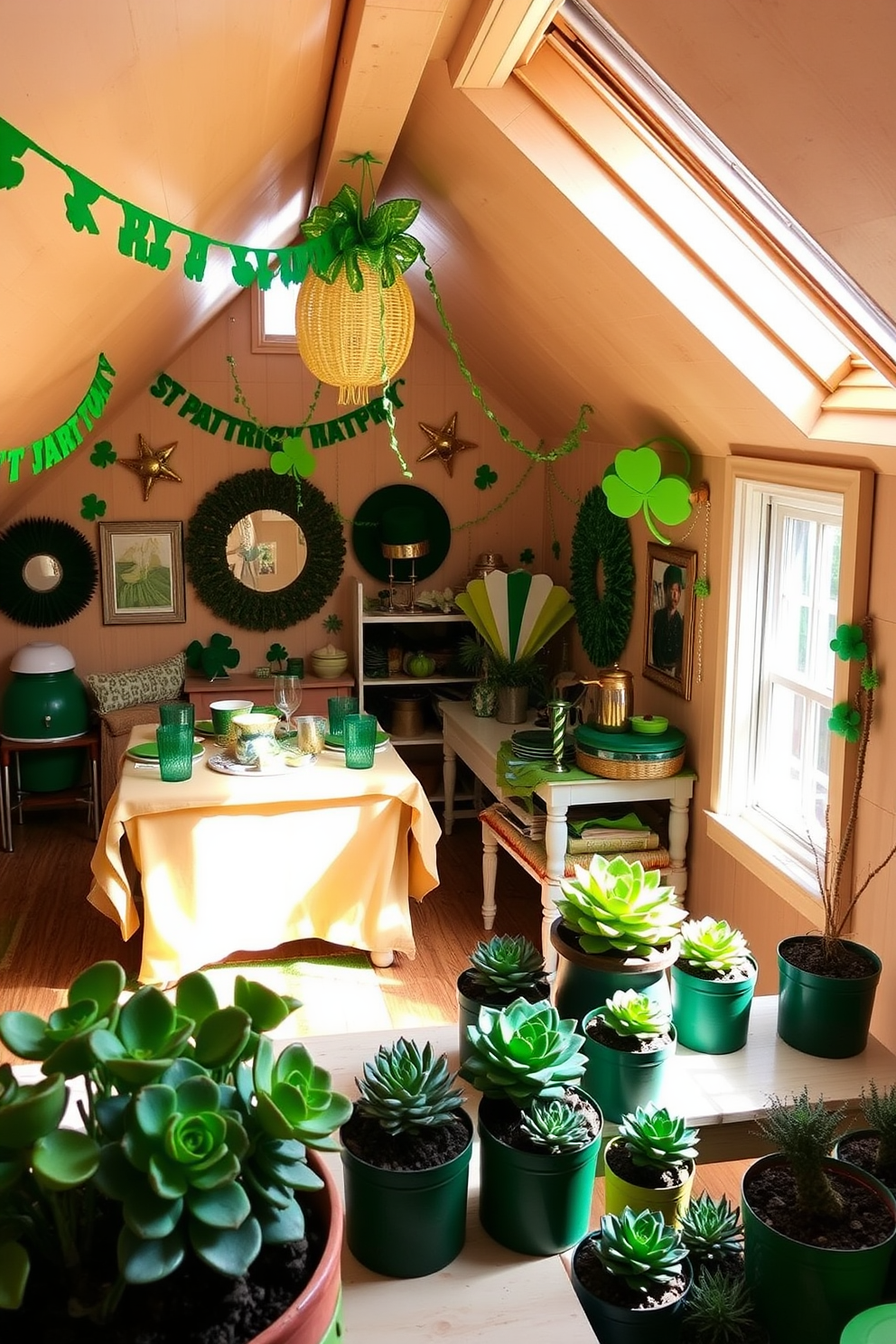 A cozy attic space decorated for St. Patrick's Day. There are green and gold accents throughout the room, with shamrock-themed decorations adorning the walls and a festive table set with themed tableware. In one corner, a collection of succulents in vibrant green pots adds a touch of freshness to the decor. The natural light streaming through the attic windows highlights the cheerful atmosphere of the celebration.