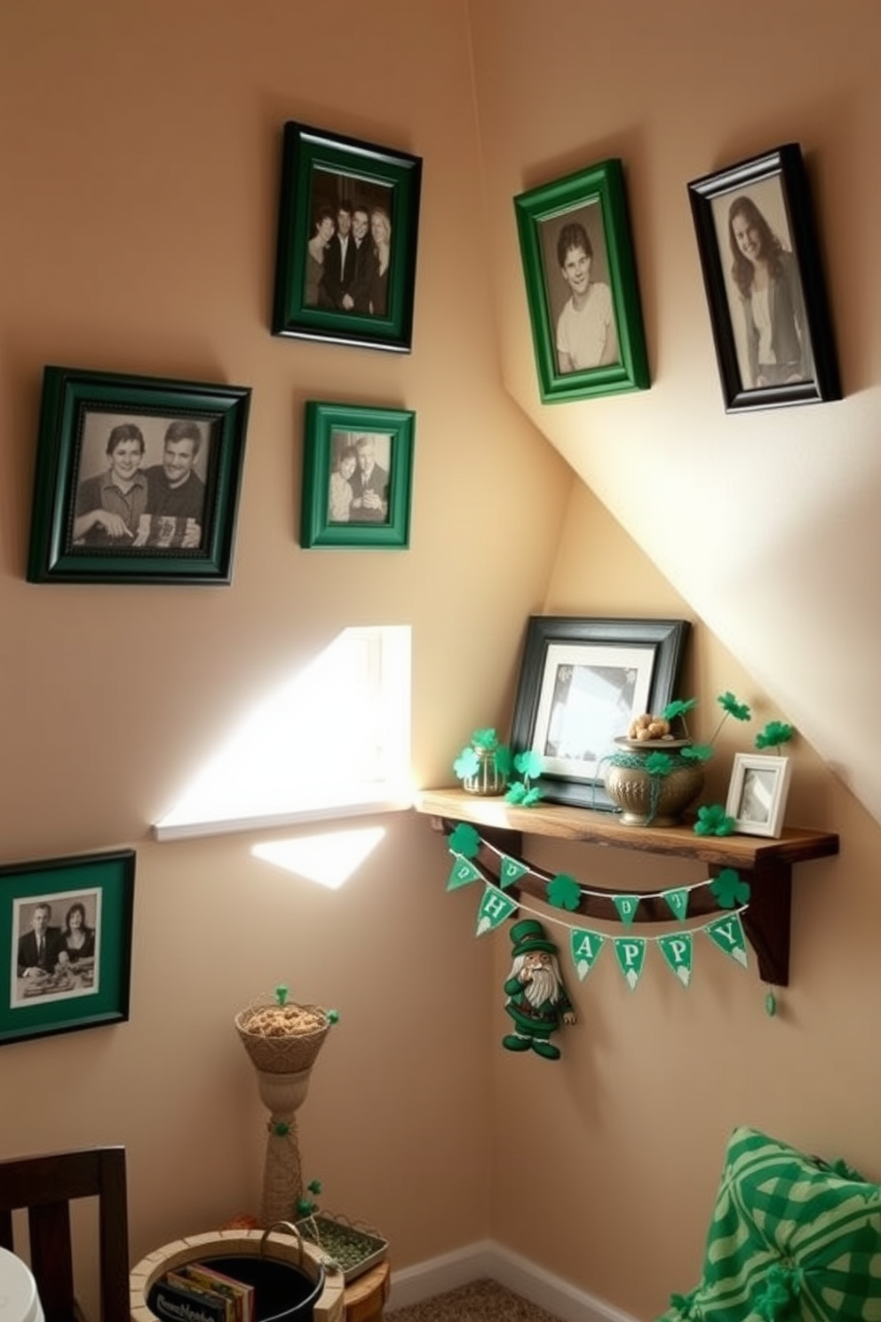 A cozy attic space adorned with framed family photos in green frames. The walls are painted a soft beige, and a rustic wooden shelf displays various St. Patrick's Day decorations. A cheerful arrangement of shamrocks, leprechauns, and festive banners adds a playful touch to the room. The natural light streaming through the attic window enhances the warmth of the decor, creating an inviting atmosphere.