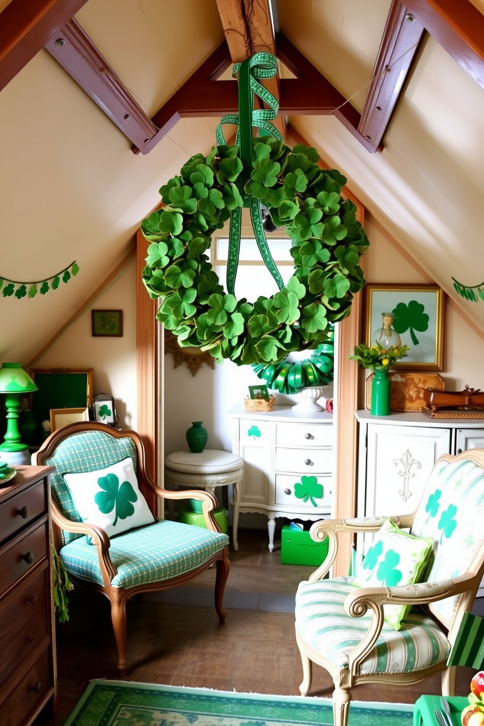 A charming attic space adorned for St. Patrick's Day. A wreath made of faux clovers and ribbon hangs on the door, welcoming guests with a festive touch. Inside, the decor features green accents and playful shamrock motifs. Vintage furniture pieces are arranged to create a cozy atmosphere, perfect for celebrating the holiday.