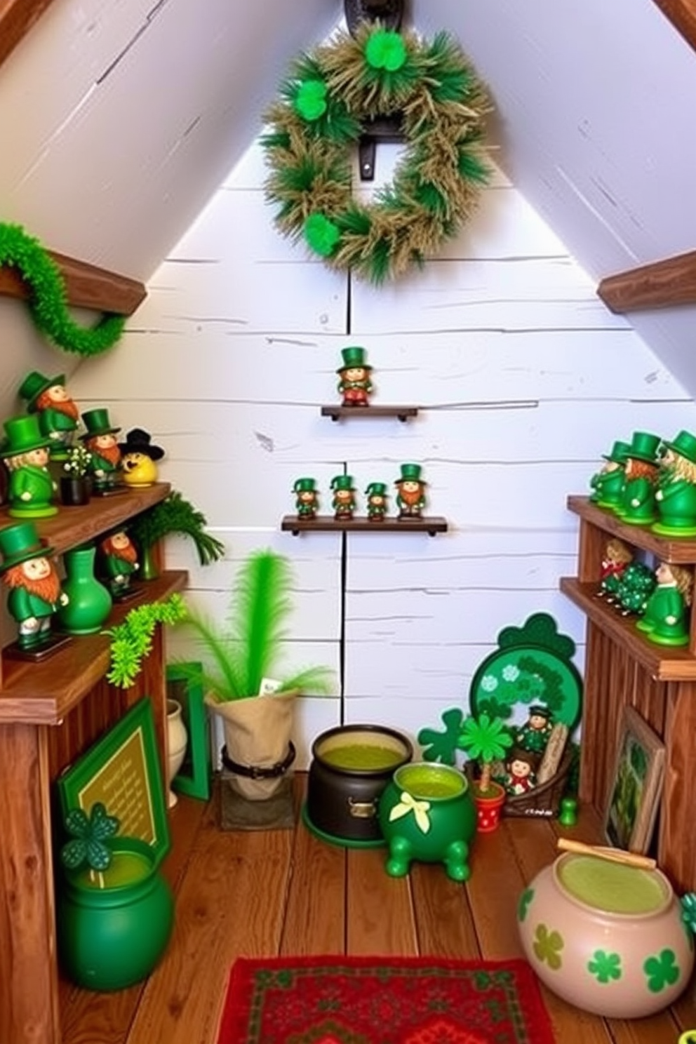 Wooden signs featuring traditional Irish sayings are prominently displayed on the walls, adding a touch of cultural charm to the space. The attic is transformed with cozy St. Patrick's Day decorations, including green garlands and twinkling fairy lights that create a festive atmosphere.