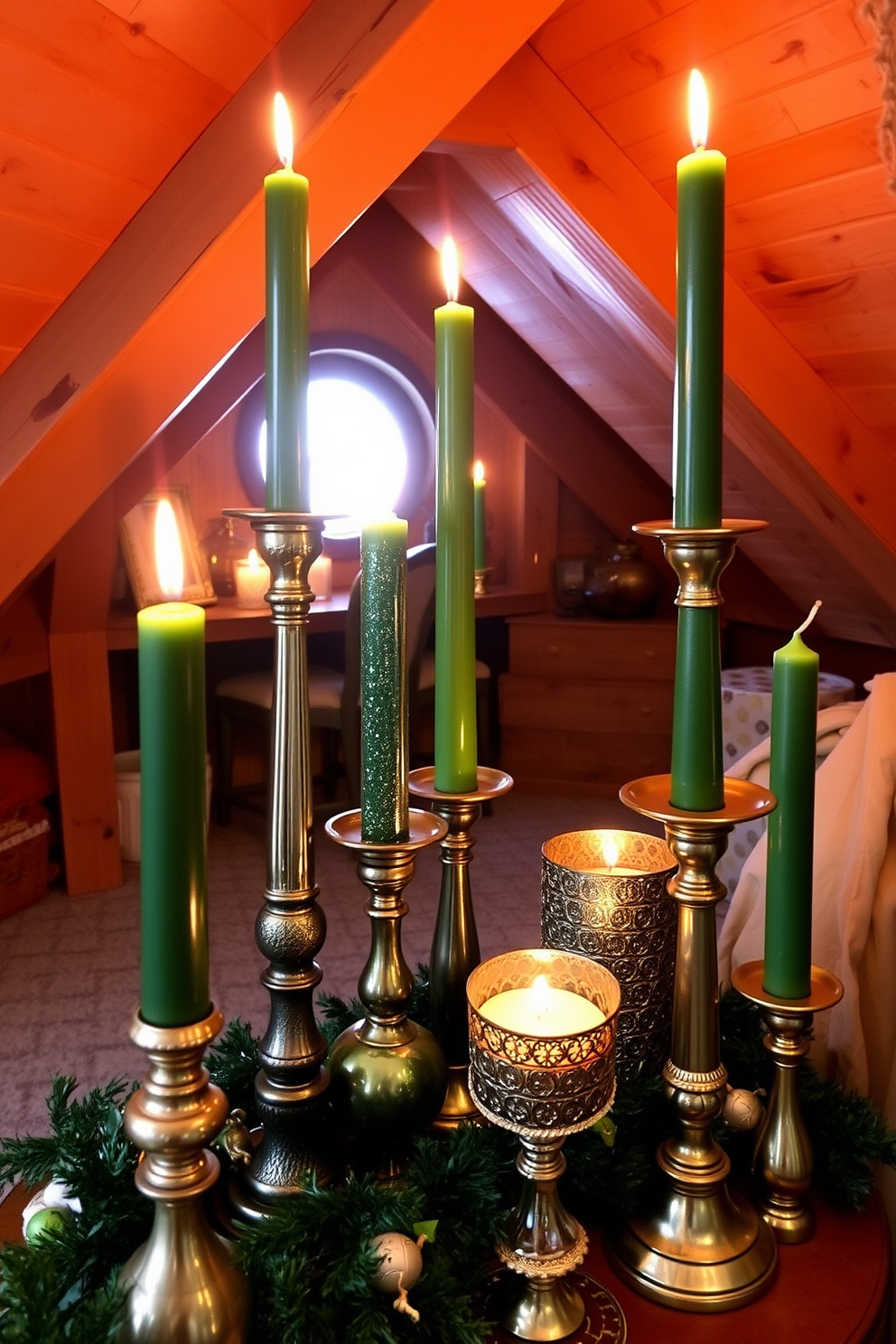 A cozy attic space is adorned with decorative candles in varying heights, featuring rich green and shimmering gold hues. The warm glow from the candles creates an inviting atmosphere, perfect for celebrating St. Patrick's Day with festive charm.