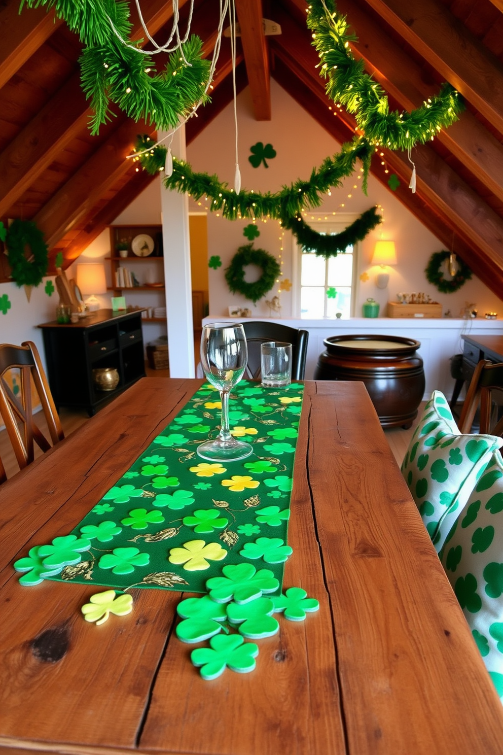 A festive St Patrick's Day themed table runner stretches across a rustic wooden dining table. The runner is adorned with vibrant green shamrocks and golden accents, creating a cheerful atmosphere for the celebration. The attic space is transformed into a cozy St Patricks Day retreat. Decorate the area with whimsical green garlands, twinkling fairy lights, and an array of festive decorations that evoke the spirit of the holiday.