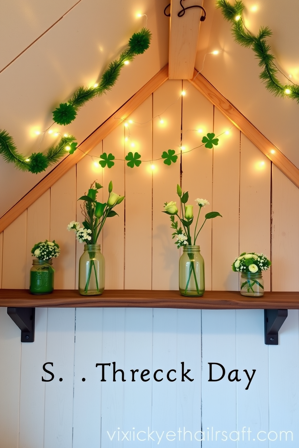 A charming attic space decorated for St. Patrick's Day features green floral arrangements in mason jars placed on rustic wooden shelves. The walls are adorned with festive garlands and twinkling fairy lights, creating a warm and inviting atmosphere.