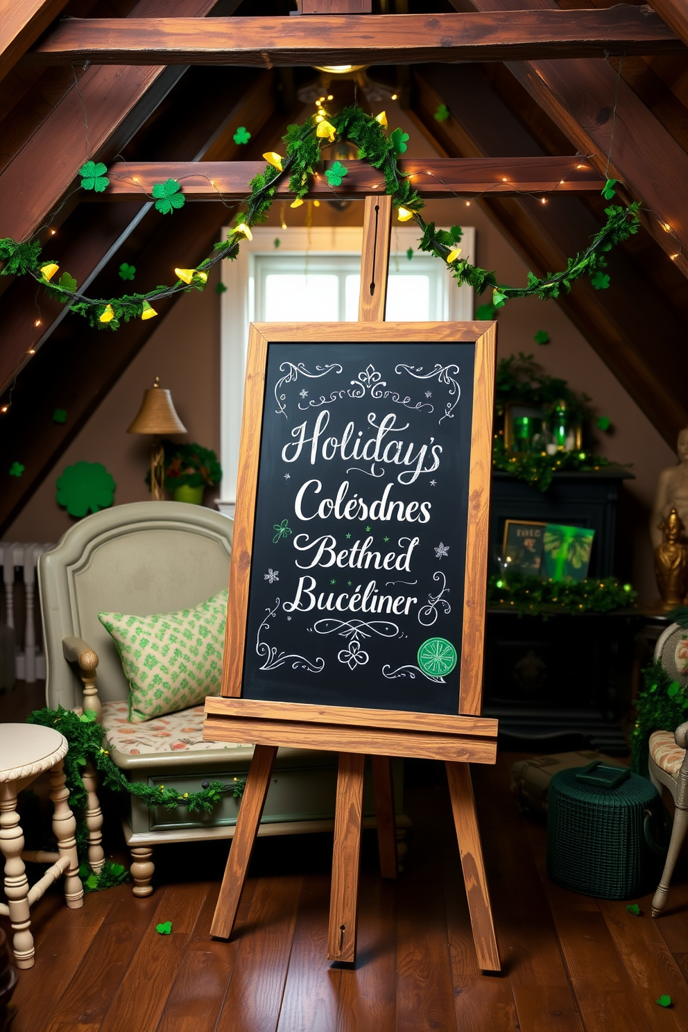 A festive dining table adorned with a St. Patrick's Day themed table runner featuring vibrant green shamrocks and gold accents. The table is set with white dinnerware and sparkling glassware, complemented by small potted plants and candles for a warm ambiance. An inviting attic space decorated for St. Patrick's Day, showcasing whimsical garlands of shamrocks and twinkling fairy lights. Cozy seating areas are arranged with plush green cushions and a small table displaying themed treats and drinks for a cheerful gathering.