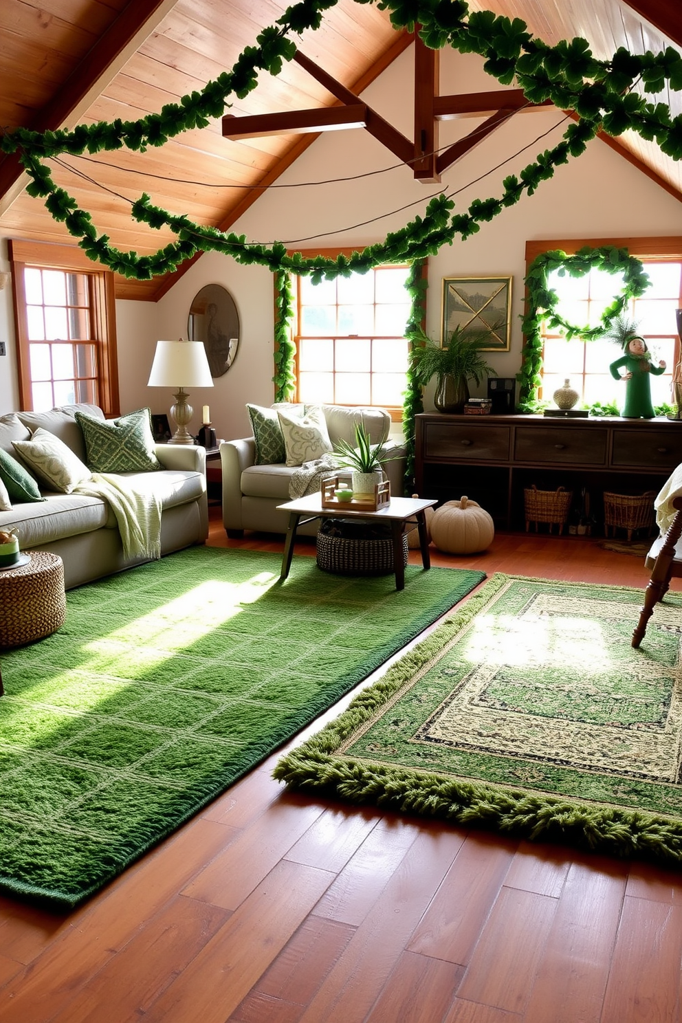 Layered rugs in shades of green create a cozy and inviting atmosphere in the living space. The textures and patterns of the rugs complement the natural light streaming in from the windows. Attic St. Patricks Day decorating ideas include whimsical garlands made of green and gold accents. Incorporate festive elements like shamrocks and leprechauns to enhance the holiday spirit.