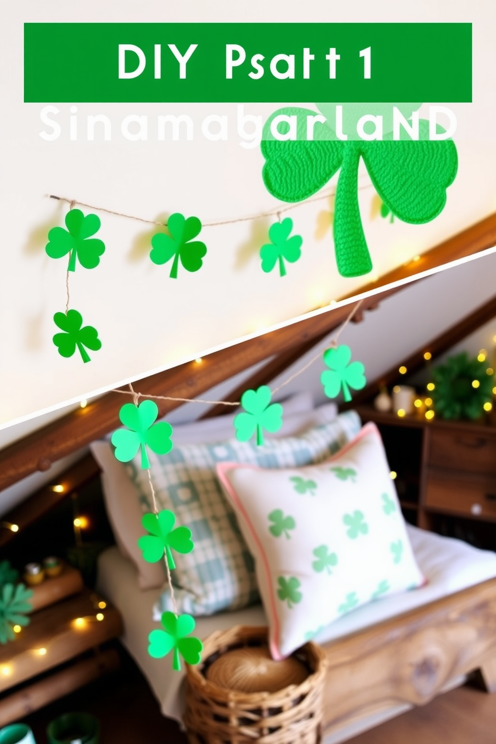 A charming living space adorned with vintage Irish-themed wall art that captures the essence of St. Patrick's Day. The decor features intricate designs and vibrant colors, creating a festive atmosphere that invites warmth and nostalgia.