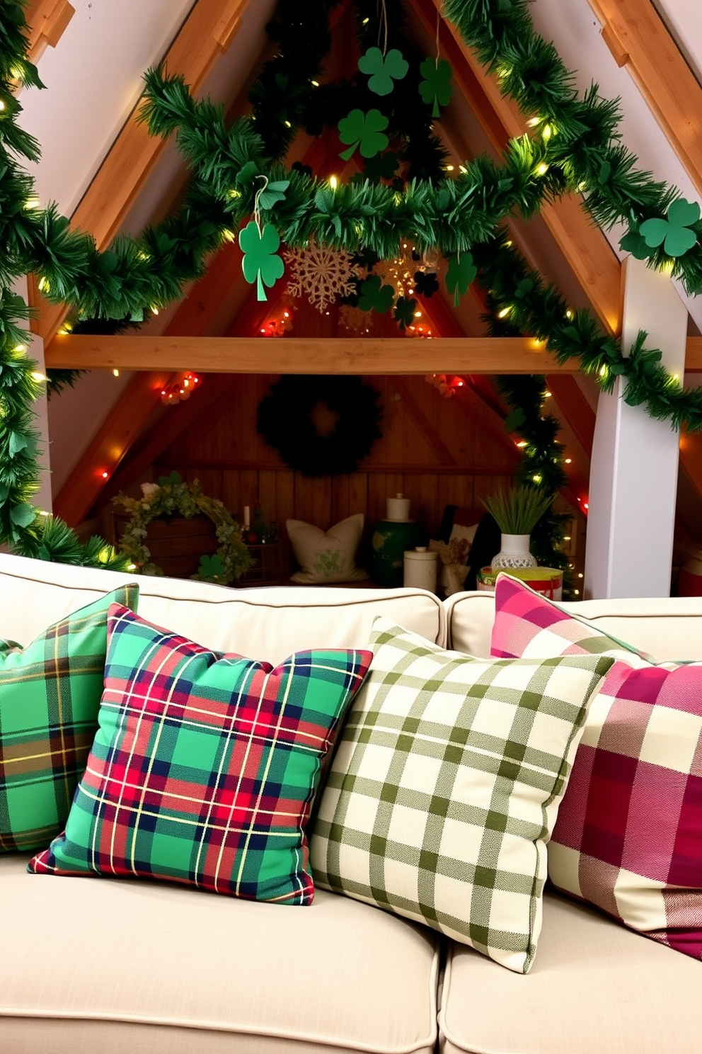 Cushions with plaid patterns for comfort. The cushions are arranged on a cozy sofa, featuring various shades of green, red, and cream in the plaid design. Attic St. Patricks Day Decorating Ideas. The attic is adorned with green garlands, shamrock-themed decorations, and twinkling fairy lights to create a festive atmosphere.