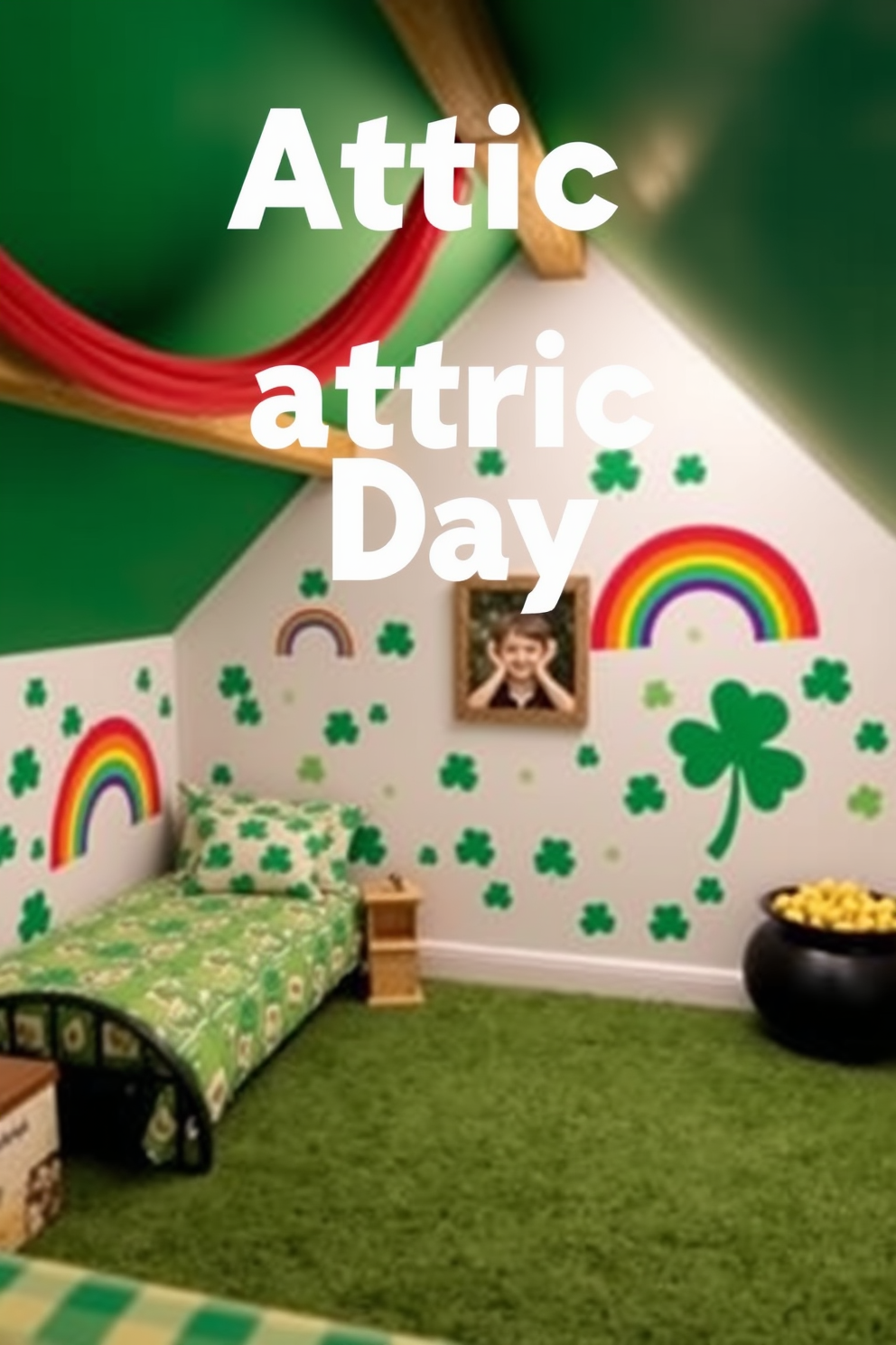 Create a whimsical attic space decorated for St. Patrick's Day. The walls are adorned with vibrant wall decals featuring shamrocks and rainbows, creating a cheerful atmosphere.