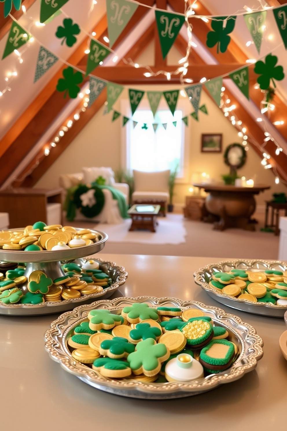 Decorative trays filled with themed treats create a festive atmosphere. Each tray showcases an assortment of green and gold sweets, including shamrock-shaped cookies and chocolate coins. The attic is transformed into a cozy St. Patrick's Day retreat. Colorful banners, shamrocks, and twinkling fairy lights adorn the space, inviting guests to celebrate the holiday in style.