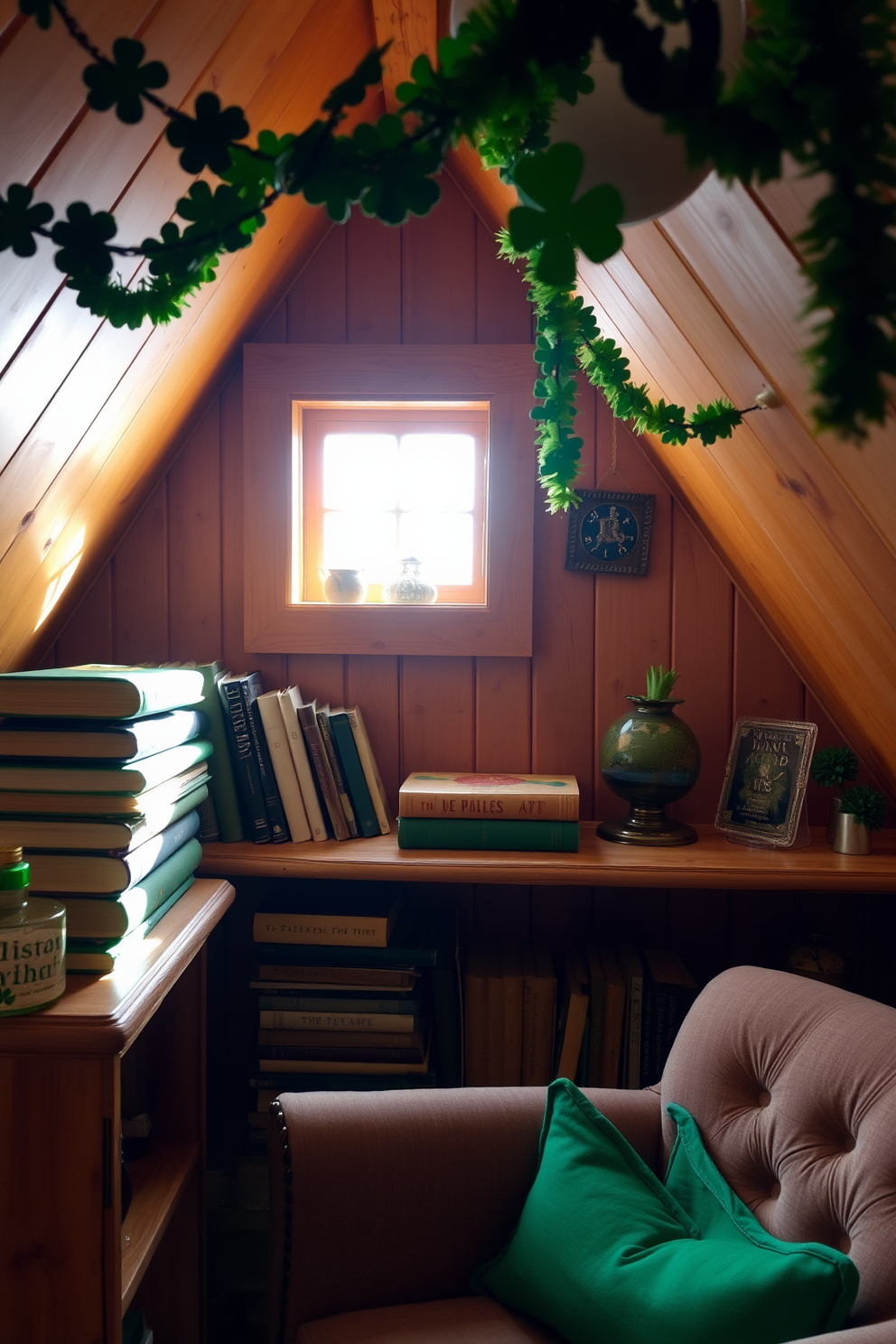 A cozy reading nook featuring vintage books stacked with green covers on a rustic wooden shelf. Soft natural light filters through a small window, illuminating the warm tones of the attic space. Decorative elements for St. Patrick's Day adorn the room, including shamrock-themed garlands and green accents. A plush armchair invites relaxation, surrounded by festive decor that celebrates the holiday spirit.