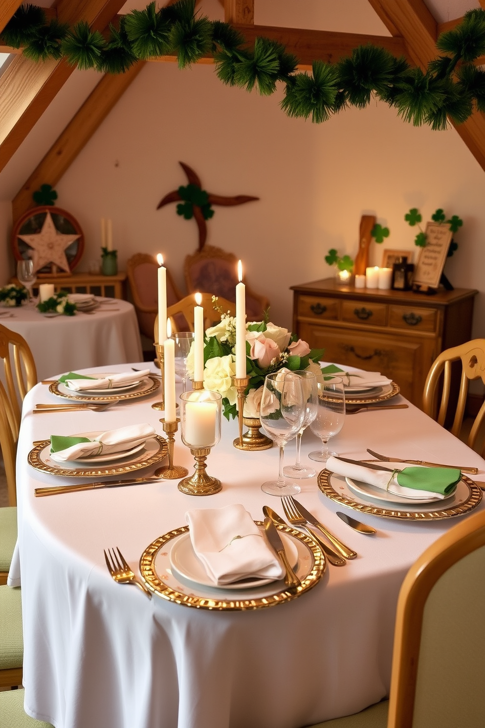 A beautifully arranged table setting showcases elegant gold cutlery accents that gleam under soft candlelight. The table is adorned with a crisp white tablecloth, delicate floral centerpieces, and fine china that complements the luxurious gold tones. For St. Patrick's Day decorating ideas in an attic space, whimsical touches of green and gold create a festive atmosphere. Vintage decorations, such as shamrock garlands and rustic wooden accents, enhance the charm of the cozy attic setting.