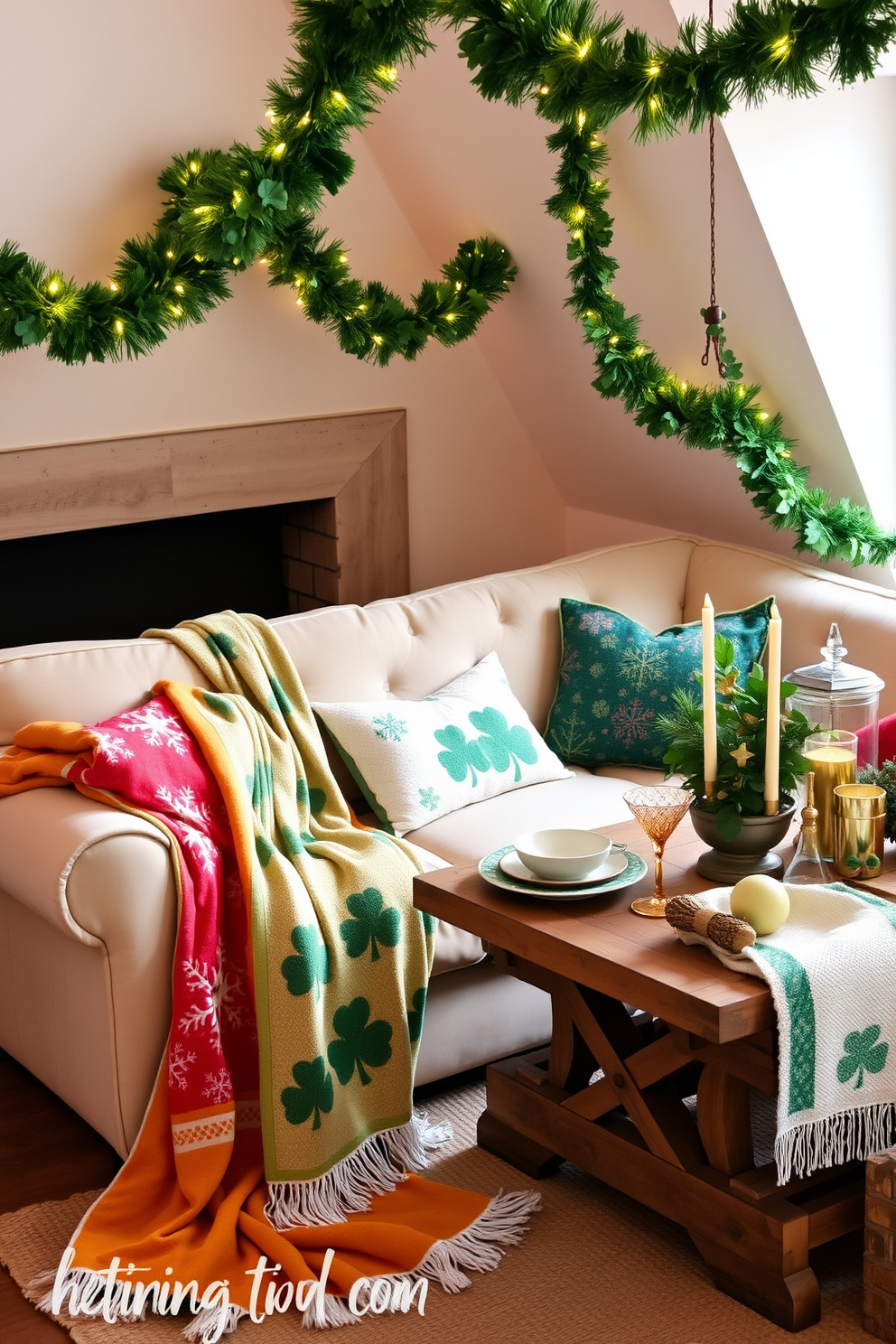 A collection of vintage suitcases stacked creatively in a cozy attic space. The suitcases are adorned with travel stickers and serve as both decorative elements and functional storage. The attic is transformed for St. Patrick's Day with green and gold accents. Shamrock garlands hang from the beams, and a rustic wooden table is set with festive decorations and treats.