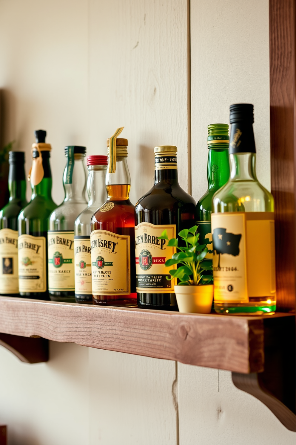 Irish whiskey bottles as decor accents. Arrange a collection of vintage Irish whiskey bottles on a rustic wooden shelf to add character and charm. Incorporate greenery by placing small potted plants alongside the bottles. Use soft lighting to create a warm and inviting atmosphere perfect for St. Patrick's Day celebrations.