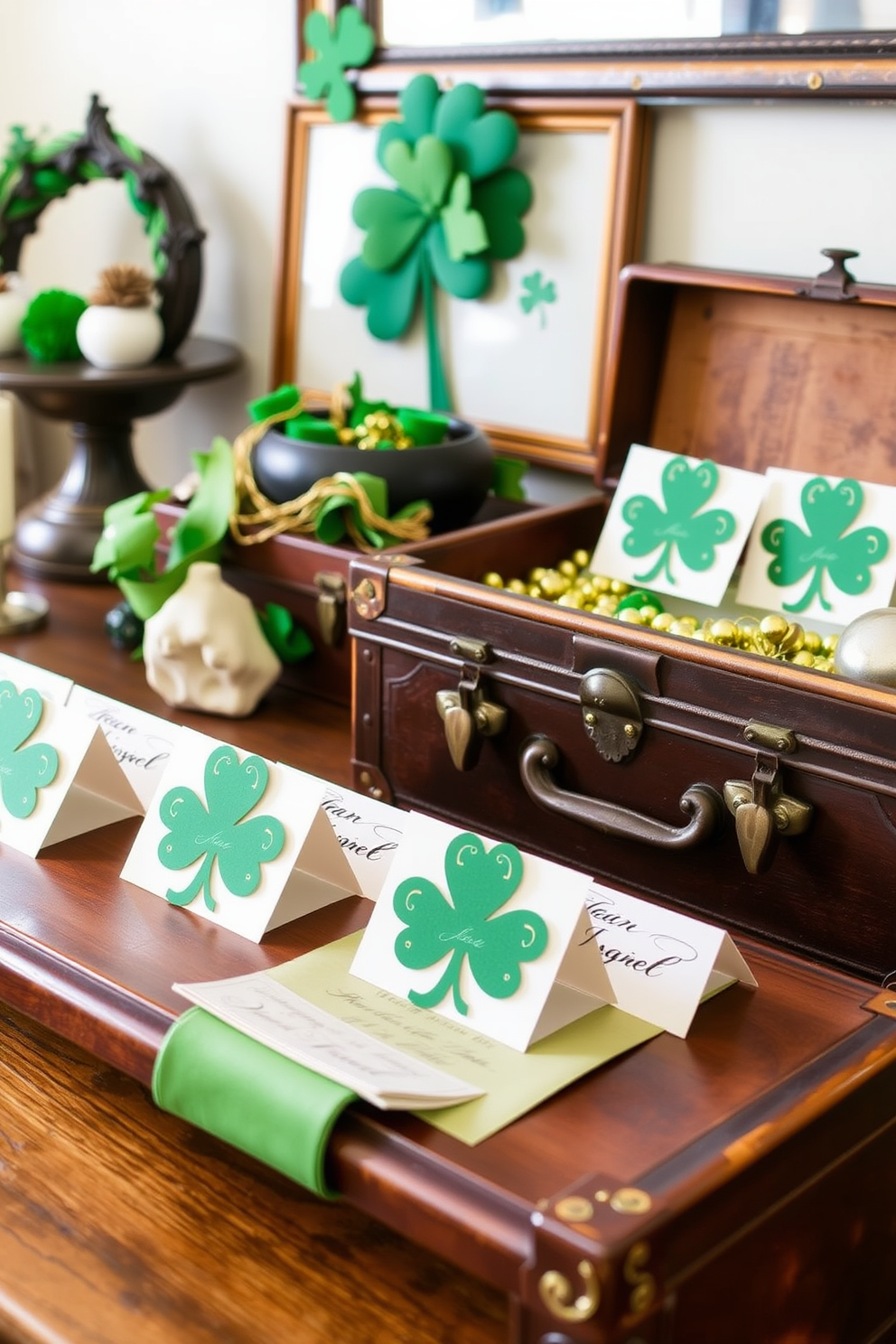 Craft paper shamrock place cards are beautifully designed with intricate cutouts and a rich green hue. Each card is personalized with elegant calligraphy, making them perfect for a festive St. Patrick's Day gathering. Attic St. Patrick's Day decorating ideas transform the space into a whimsical retreat. Vintage decorations, such as old trunks filled with green and gold accents, create a charming atmosphere that celebrates the holiday spirit.