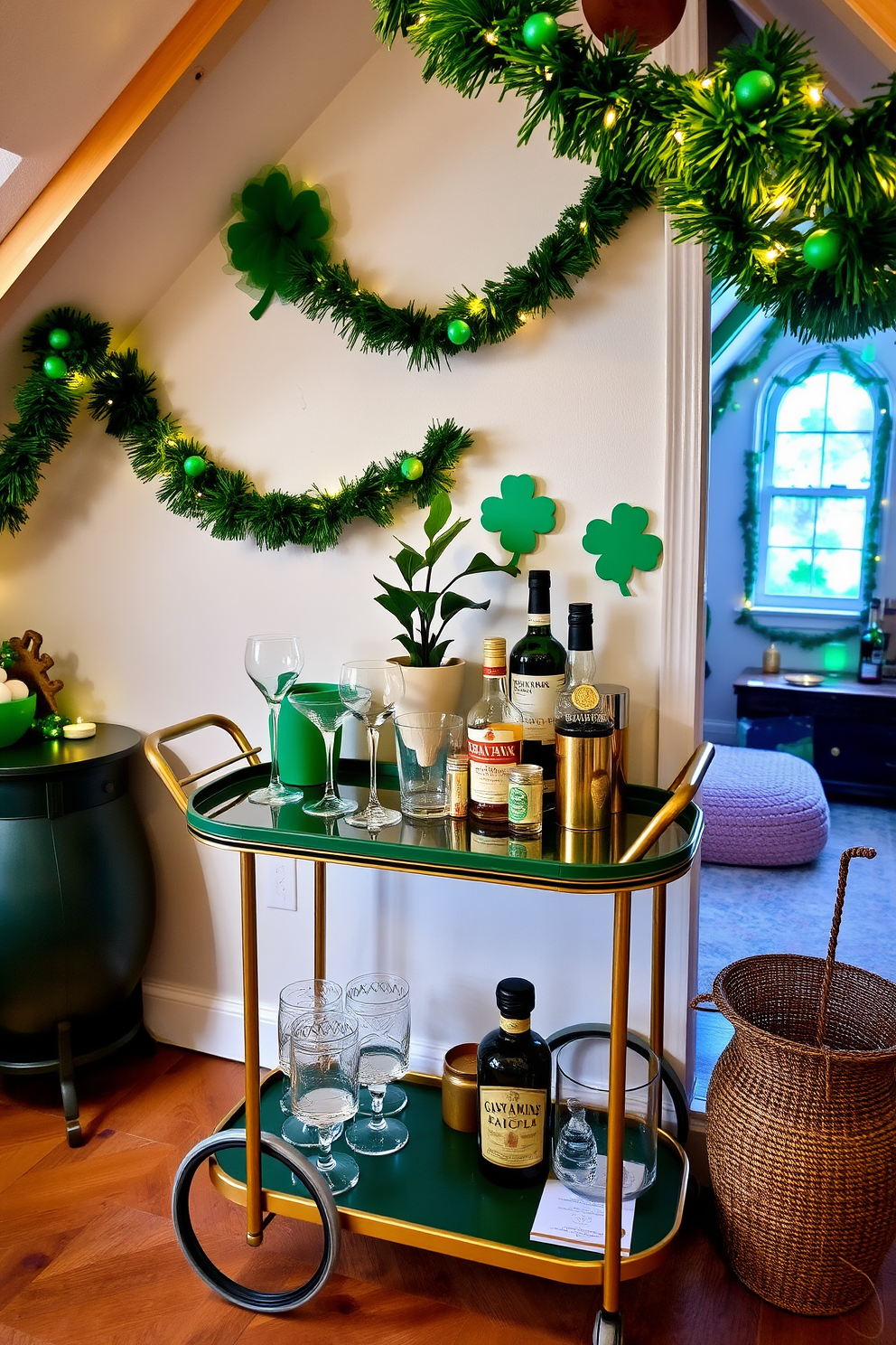 A stylish drink station featuring a rich green bar cart adorned with gold accents. The cart is topped with an assortment of elegant glassware and a selection of premium spirits, complemented by a small potted plant for a touch of freshness. Charming St. Patrick's Day decorations in the attic create a festive atmosphere. The space is adorned with green garlands, twinkling fairy lights, and playful shamrock motifs, all contributing to a cozy and inviting celebration.