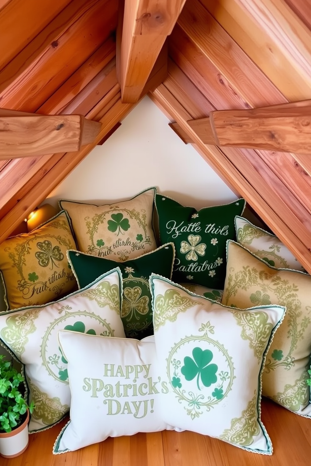 A cozy attic space adorned with vintage style St. Patrick's Day pillows in various shades of green and gold. The pillows feature intricate patterns and motifs celebrating the holiday, adding a festive touch to the room's rustic charm. Surrounding the pillows are warm wooden beams and soft lighting that create an inviting atmosphere. Decor elements like shamrocks and small potted plants enhance the St. Patrick's Day theme, making the space feel both festive and homey.