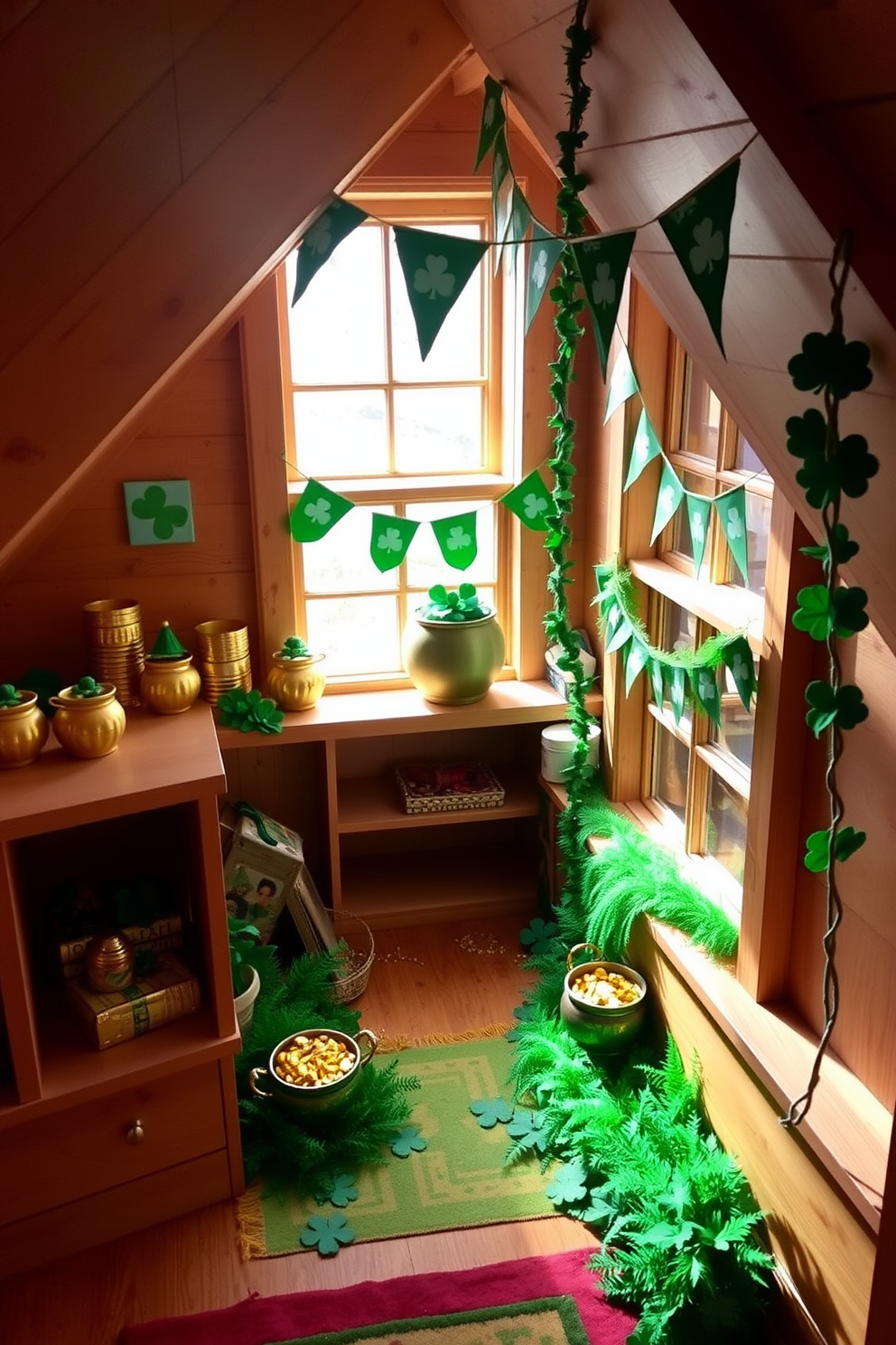 A cozy attic space decorated for St. Patrick's Day. Miniature pots of gold are placed on shelves and window sills, surrounded by green shamrocks and festive banners.