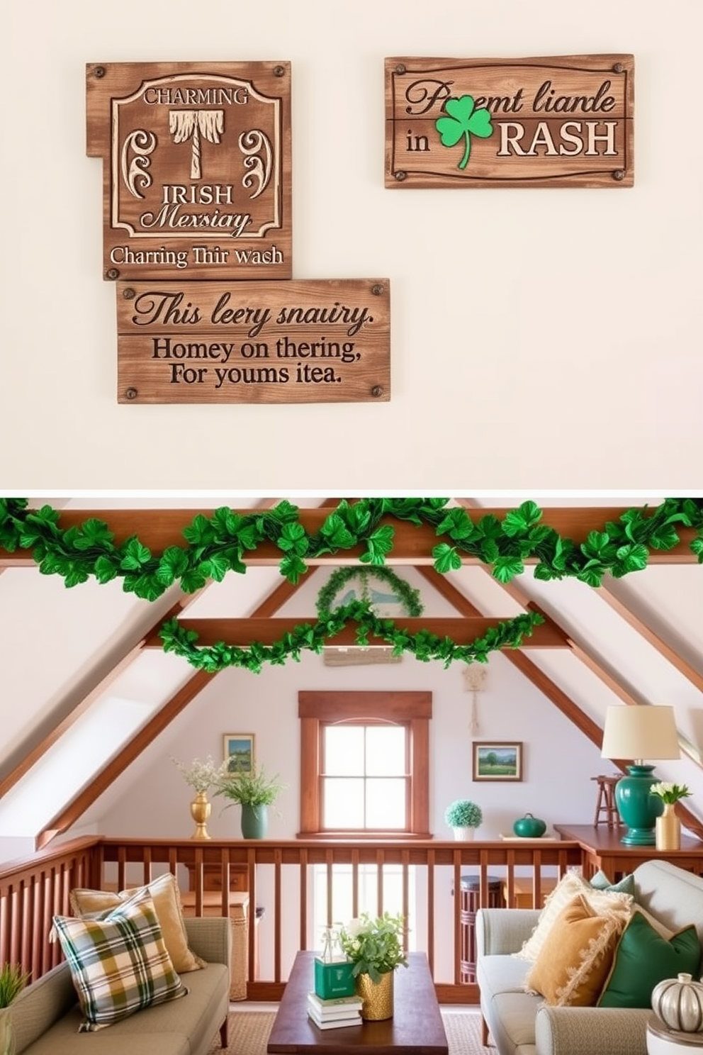 Rustic wooden signs adorned with charming Irish sayings hang on the walls, adding warmth and character to the attic space. The signs are crafted from reclaimed wood, featuring intricate carvings and a weathered finish that enhances their rustic appeal. For St. Patrick's Day decorating ideas, the attic is transformed with vibrant green accents and festive decor. Shamrock garlands drape across the beams, while cozy seating areas are accented with plaid cushions and gold-toned accessories, creating a welcoming atmosphere for celebration.